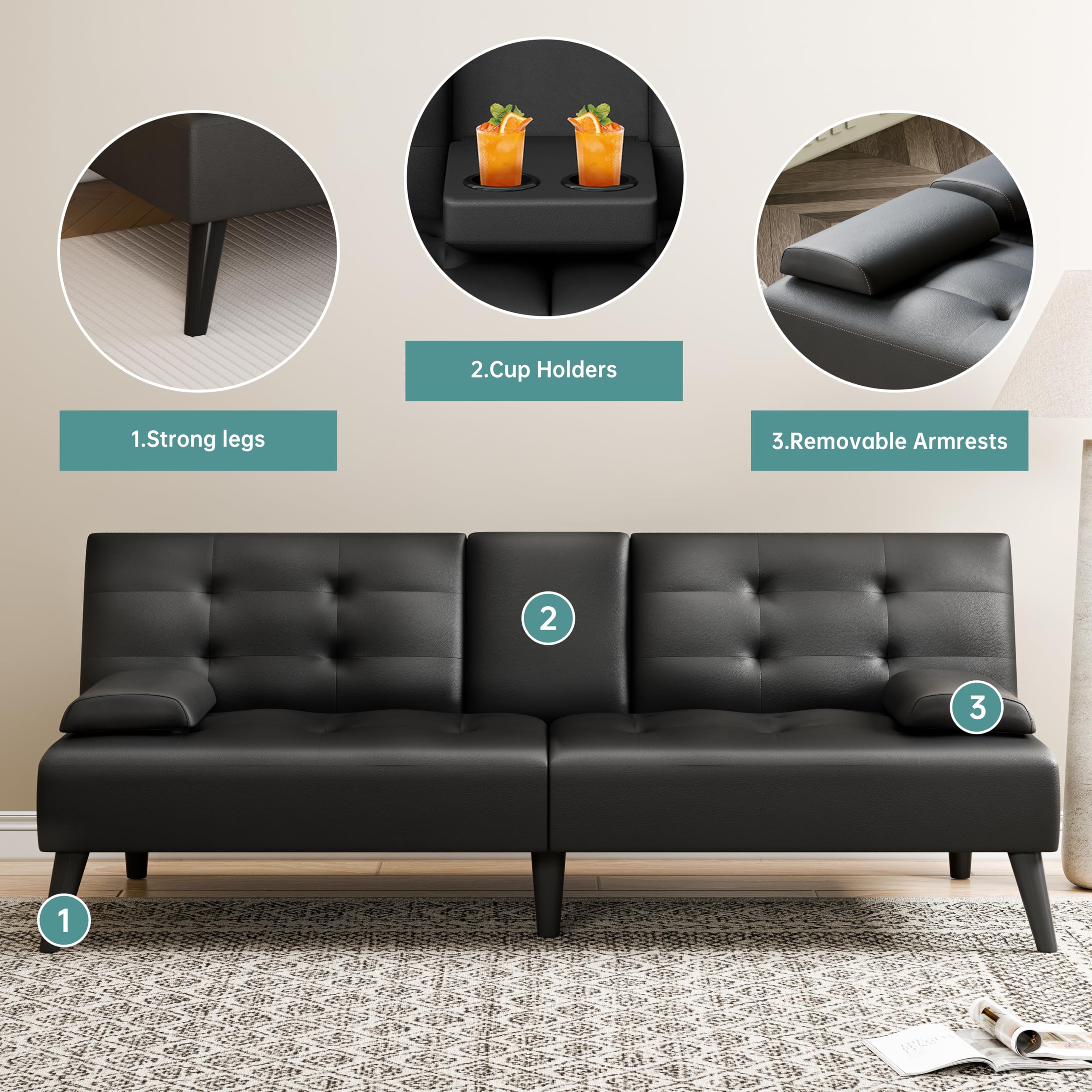 64" Futon Sofa Bed, Small Loveseat with 2 Cup Holders, Small Couch with 3 Adjustable Angles & Removable Armrest, Small Sofa for Small Space (PU Leather, Black)