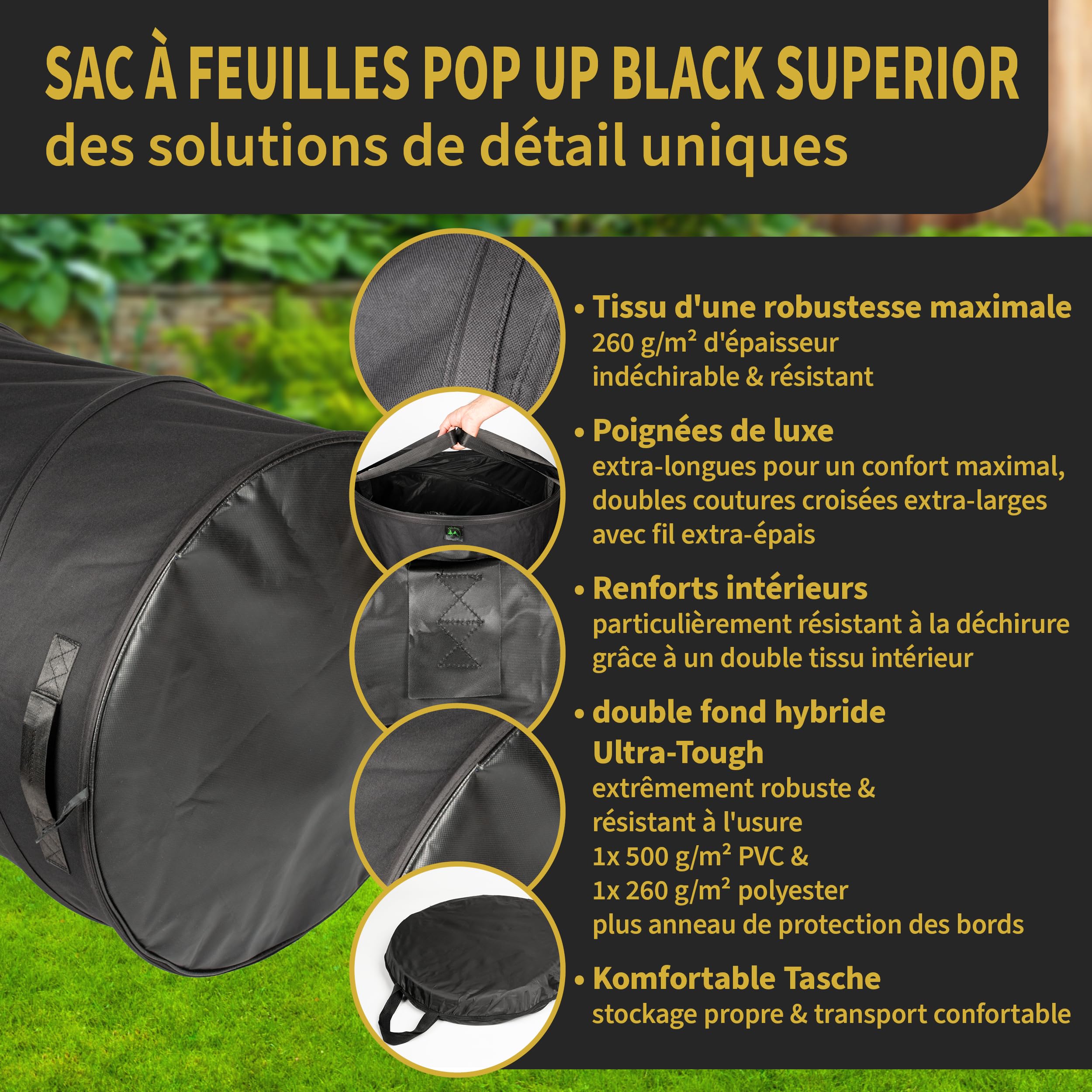 TTL Garden Black Supererior Lot de 2 sacs de jardin Pop Up 170 l Double fond 260 g/m² Extra stables Oxford 600D 170 l Pliable Coupe verte Auto-portante