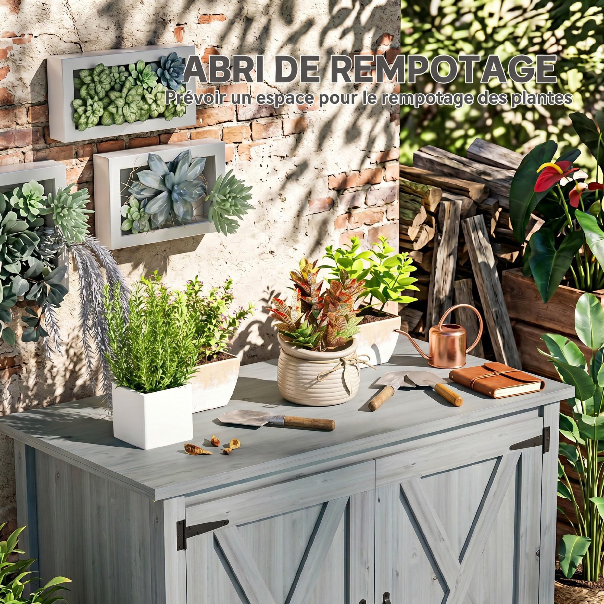 Outsunny Armoire de Jardin en Bois, Placard de Jardin en Bois avec Étagères et Double Portes, Armoire à Outils, 110 x 60 x 88,5 cm, Gris Clair