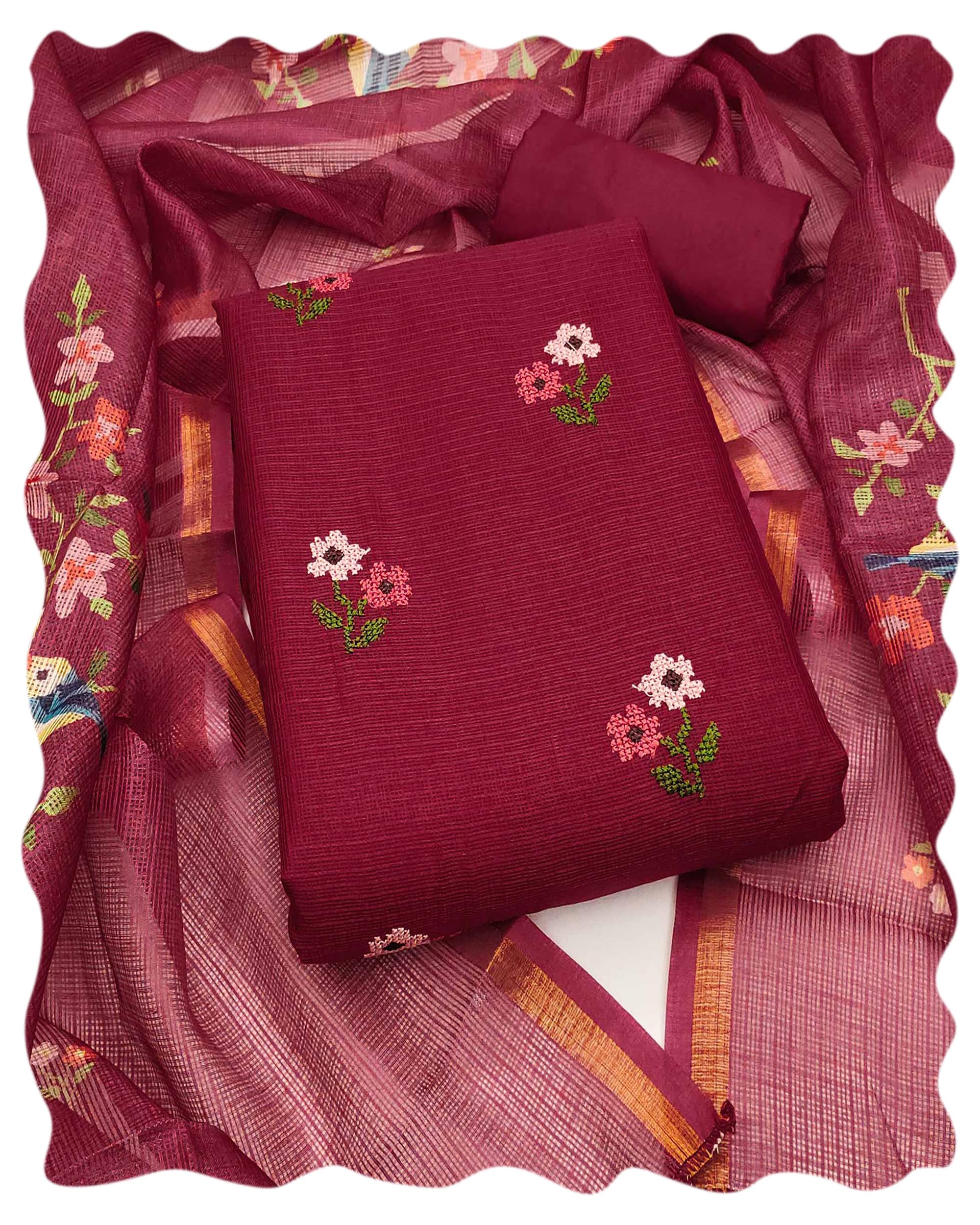 Floral Embroidered Kota Doria Unstitched Dress Material for Women | Lightweight & Comfortable Fabric, Ethnic Wear for Women
