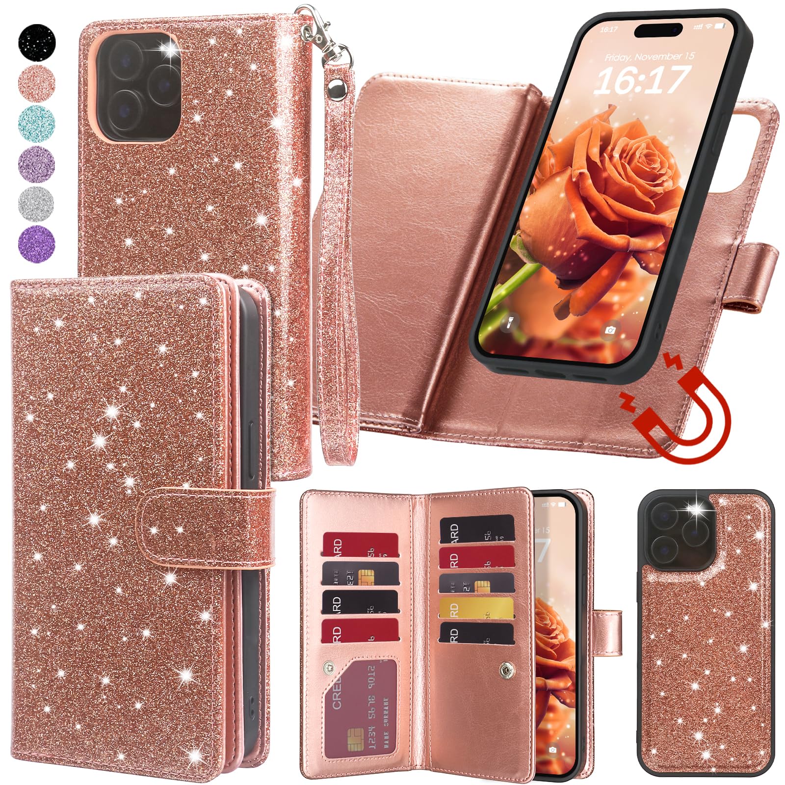 Varikke for iPhone 14 Pro Max Wallet Case Detachable with Card Holder for Women, Fashion Glitter PU Leather Strap Magnetic Flip Wallet Removable Phone