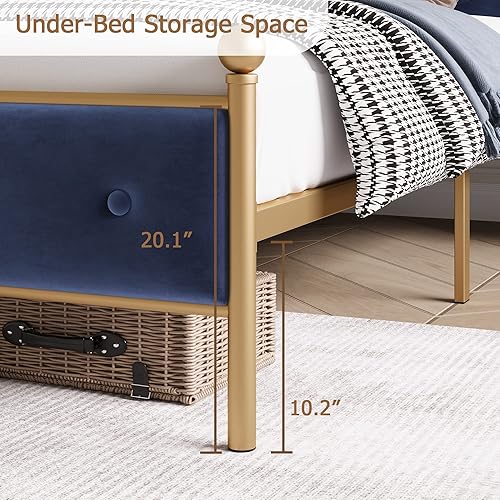 Miniatura 7 de Base de cama tapizada de tamaño matrimonial con botones y tela de terciopelo, base de colchón resistente con marco de metal y listones de madera,