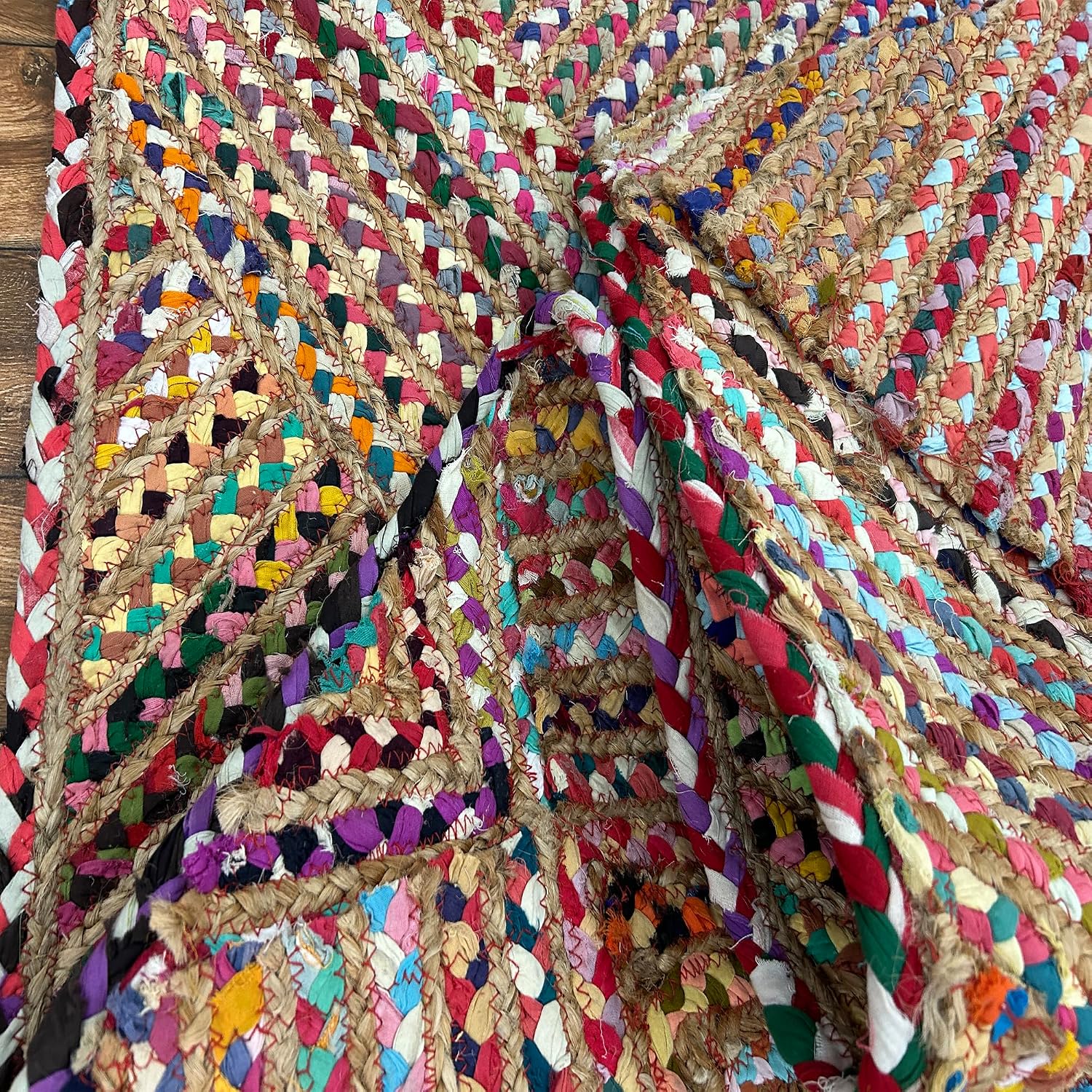 Hand Braided Jute 10x18 Kilim Flatweave Rug Thick 0.27" Geometric Multi-Color Chindi Rugs for Bedroom, Dining Area, Indoor Outdoor, Farmhouse Design Carpet