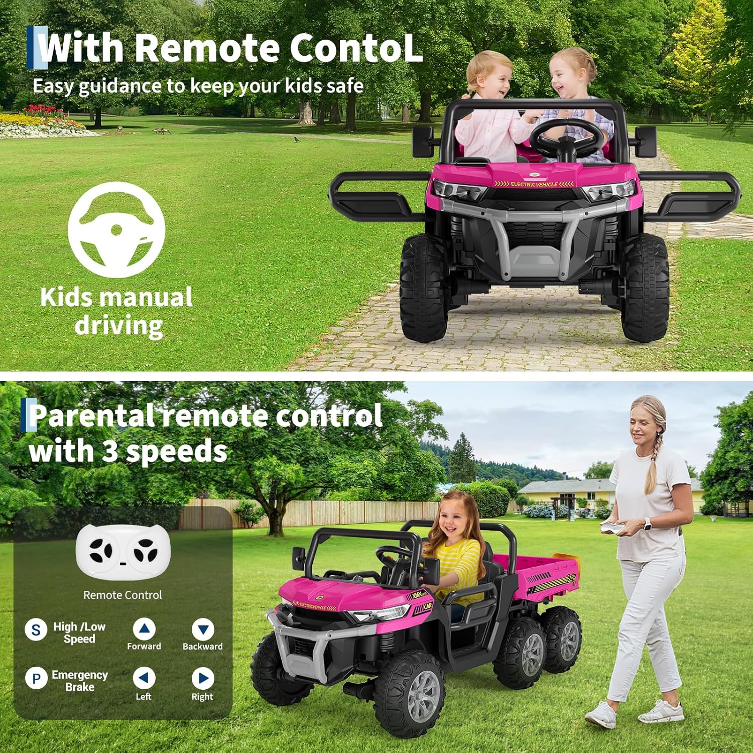 24V 2 Seater Ride On Dump Truck for Big Kids - Electric Ride On Car with Auto-Lifting Bed, 4x75W Motors, Parent Remote Control & 6 Wheels - 110 LBS Capacity, 5 MPH Kids Truck Toy