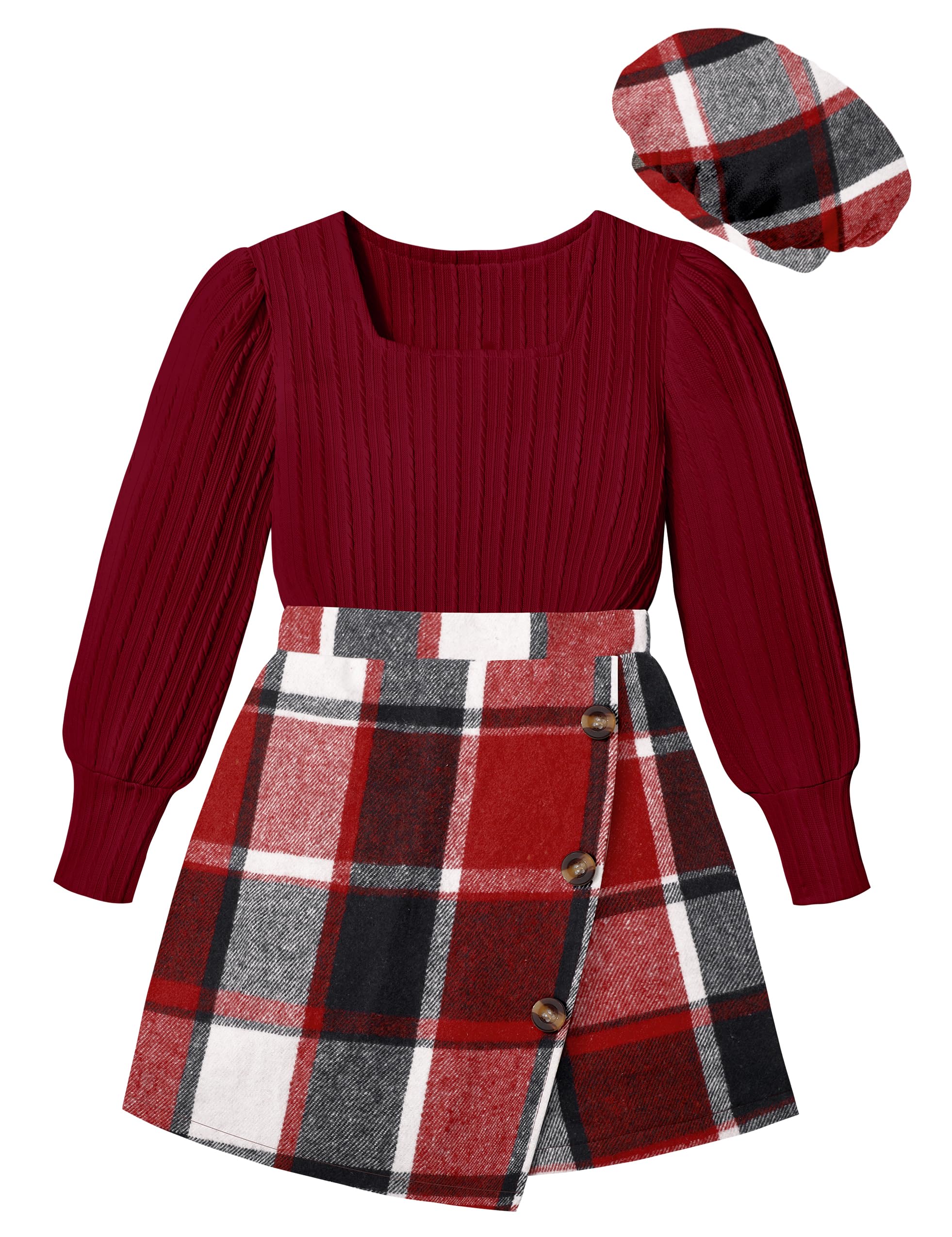 AGAPENG Girl Skirt Sets 3 Piece Outfits Square Neck Jacquard Puff Sleeve Tops Plaid Mini Skirt Shorts Fall Winter Clothes