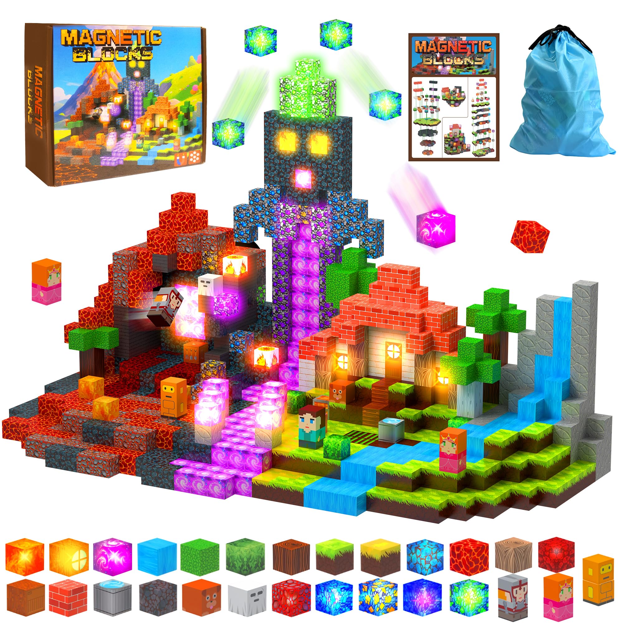 HEJIHUI 200 PCS Magnetic Blocks with Light Up Blocks - Magnetic Building Blocks for Kids Ages 3-5+, Magnetic Construction Set with Storage Bag,