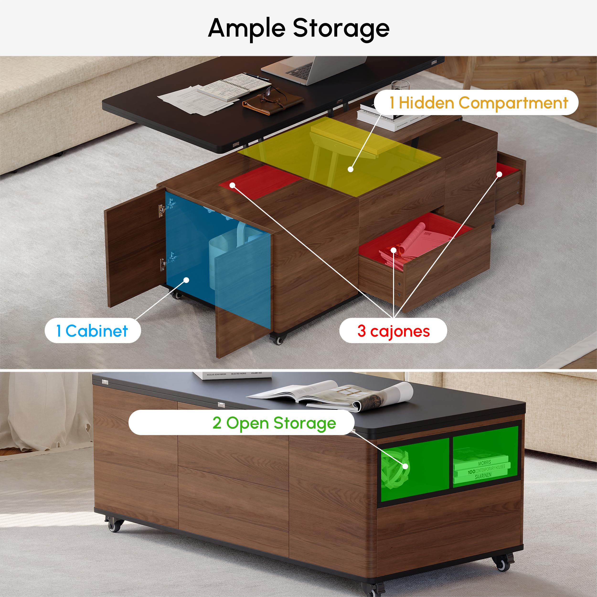 Homary Mesa de Centro Elevable y Extensible con Almacenamiento
