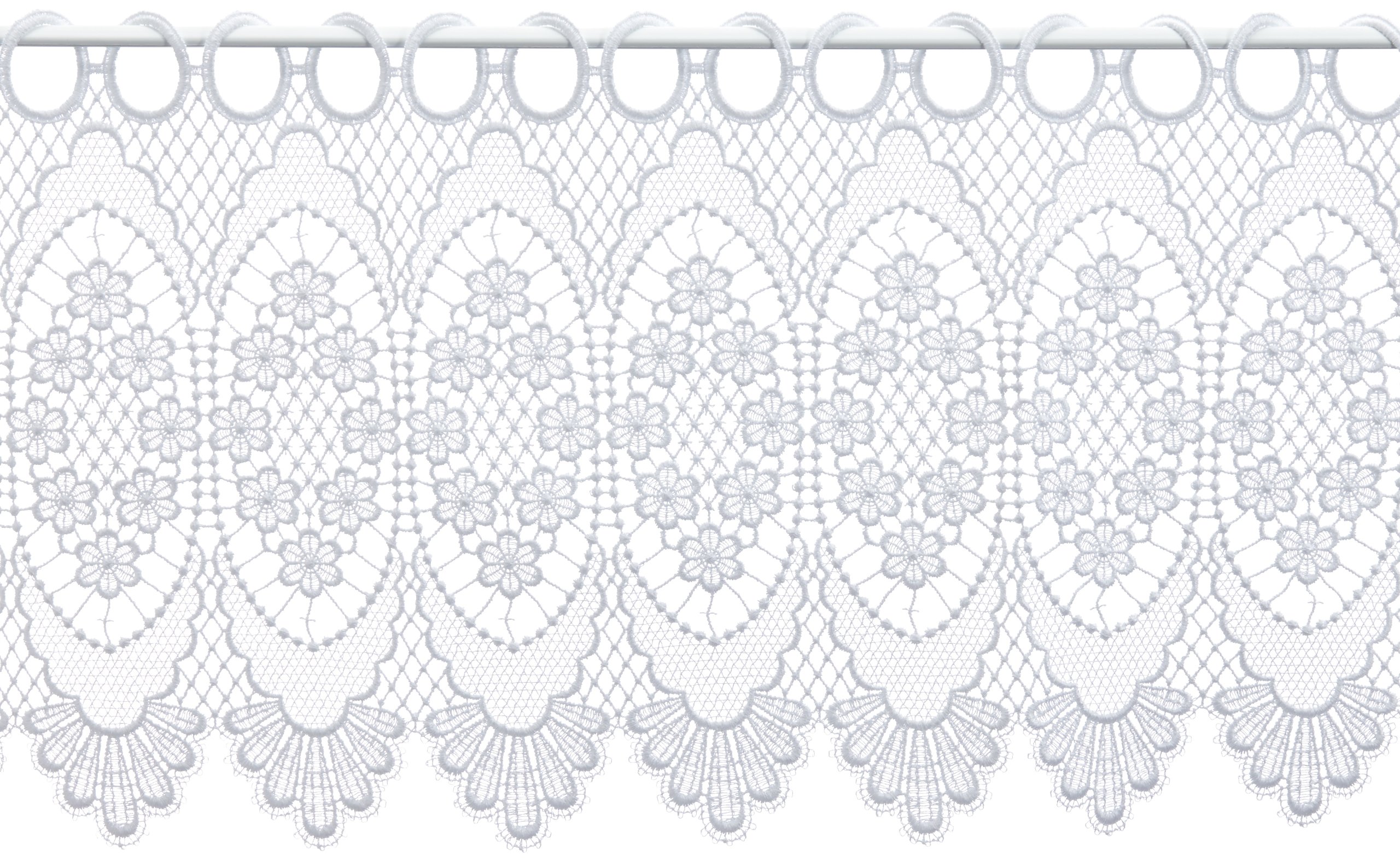Plauener Spitze by Modespitze, Store Bistro Gardine Scheibengardine mit Stangendurchzug, hochwertige Stickerei, Höhe 30 cm, Breite 112 cm, Weiß | Hochwertige Gardine, edle Guipure-Spitze, gefällige glorale Optik, pflegeleicht, Made in Germany