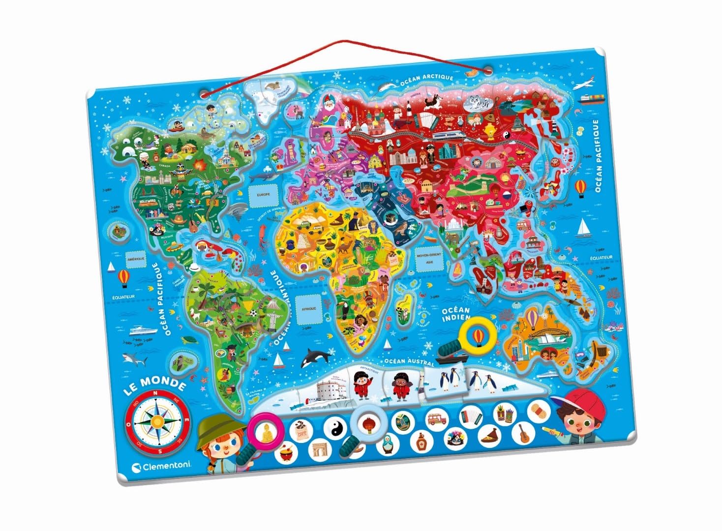 CLEMENTONI - Mon Puzzle Magnétique du Monde 4 Ans + - Planisphère Interactif - Découverte Animaux & Monuments - Jeu Éducatif Enfant