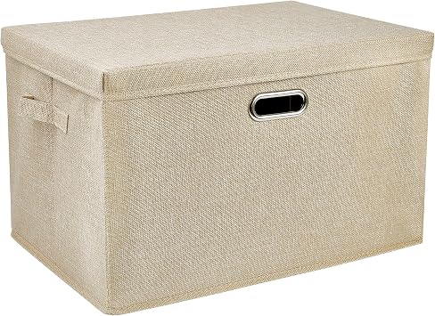 DAYARD Foldable Storage Boxes with Lids Linen Fabric Stackable Storage Bins Organizer Containers Baskets with Cover for Closet Office Nursery, Beige Extra Large