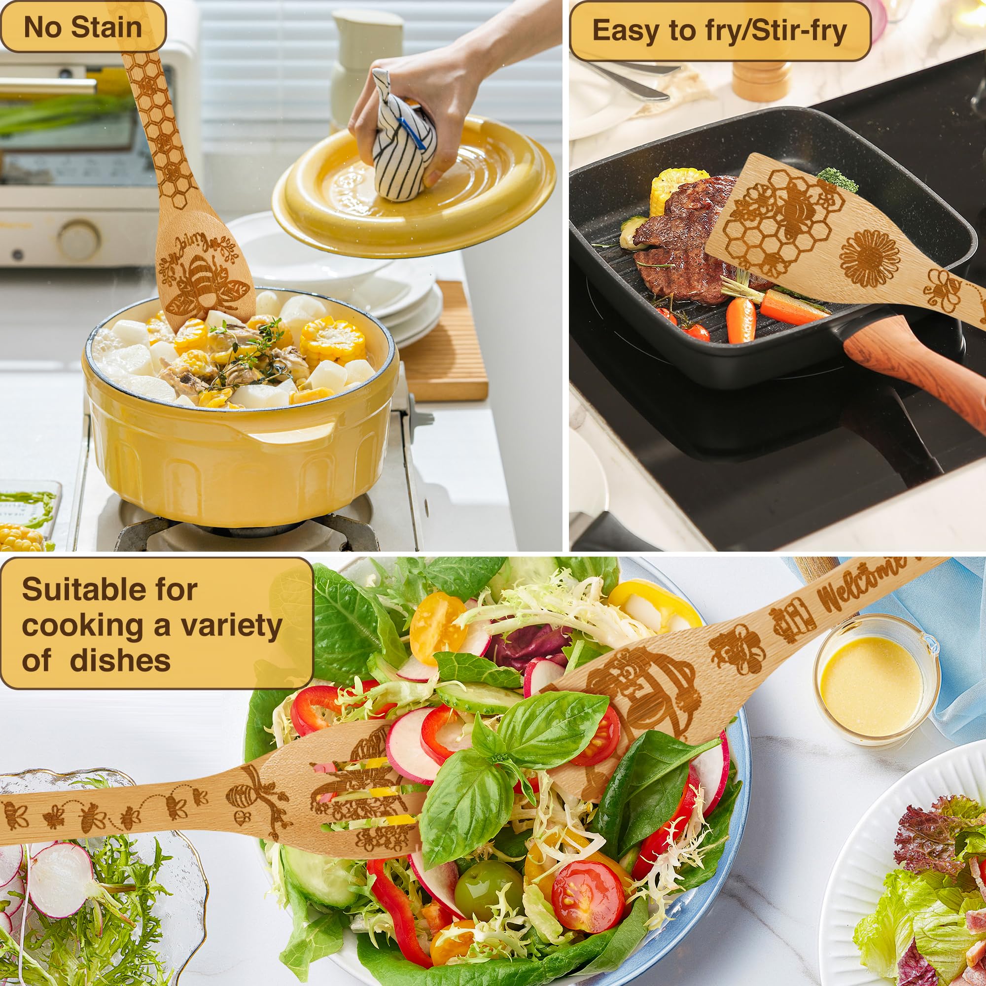 Wimabuden Juego de cucharas de madera de bambú para cocinar (abeja)