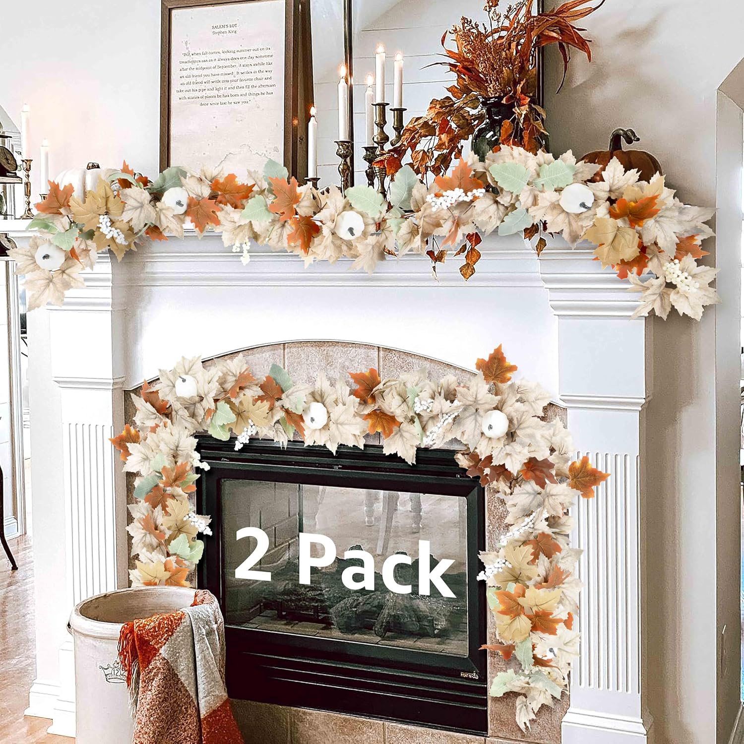 Neutral Fall Garland for Mantle Fireplace - 5.8Ft Outdoor Autumn Leaves Decor for Home Front Door with White Pumpkins Farmhouse Indoor Maple for Table Stairs Porch Thanksgiving Halloween Decorations