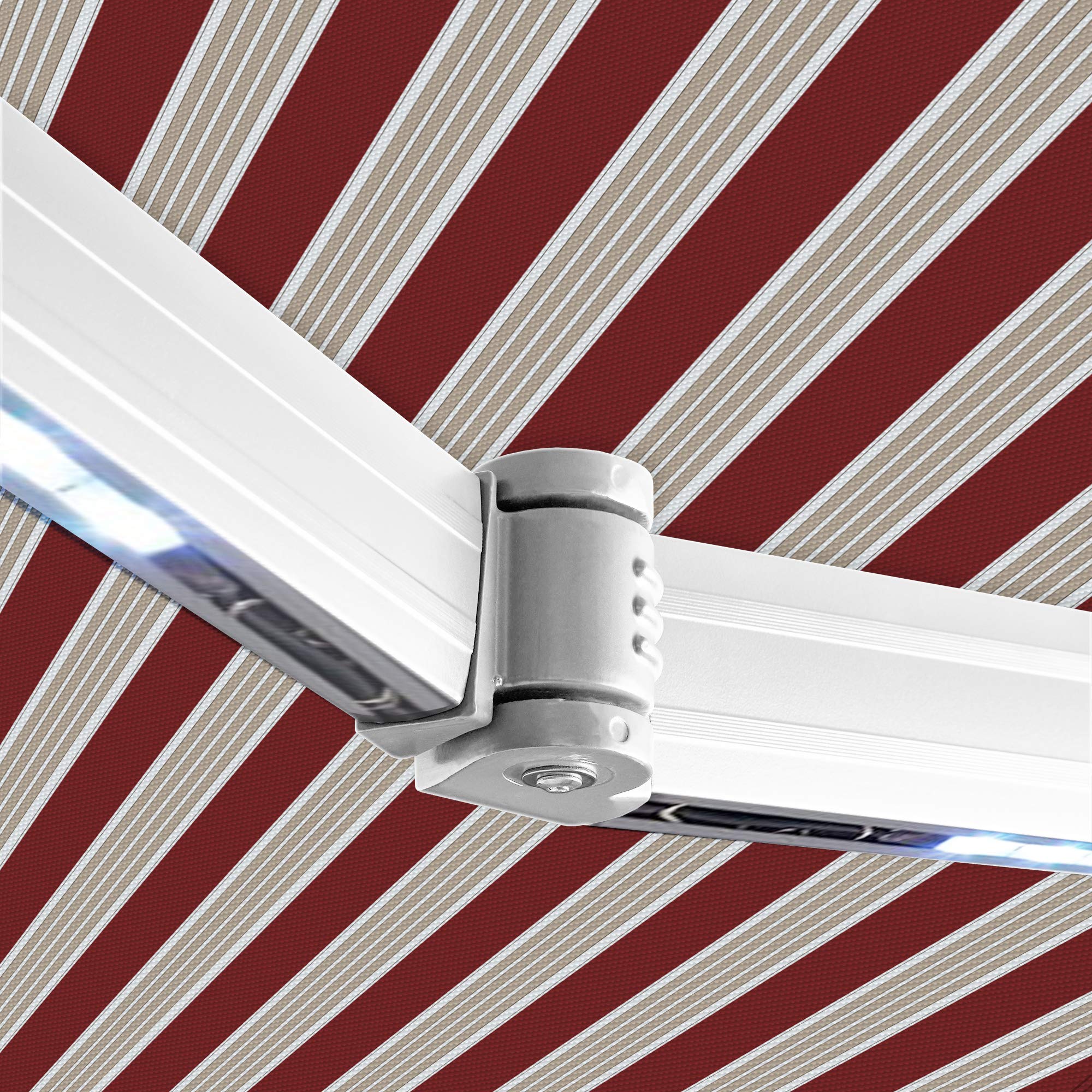NEMAXX Kassettenmarkise elektrisch Vollkassettenmarkise mit LED, Markise weinrot-weiß-braun, Kassette weiß, Funk Fernbedienung, wasserdicht, 350x300 cm (3,5x3m)
