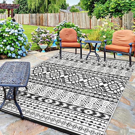 Loninak Outdoor Rug Carpet, Plastic Straw Rug, Waterproof Outdoor Rugs, Patio Rug for RV, Trailer, Beach Camping, Backyard, Deck, 4 Stakes and Carry Bag Included, 5' x 8'