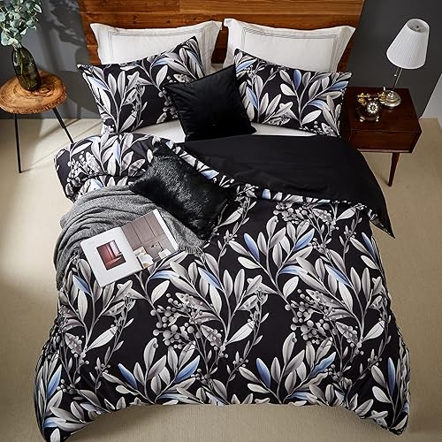 LAMEJOR Juego de funda de edredón tamaño King, 3 piezas, 1 funda de edredón + 2 fundas de almohada, diseño de hojas reversibles negras, juego de