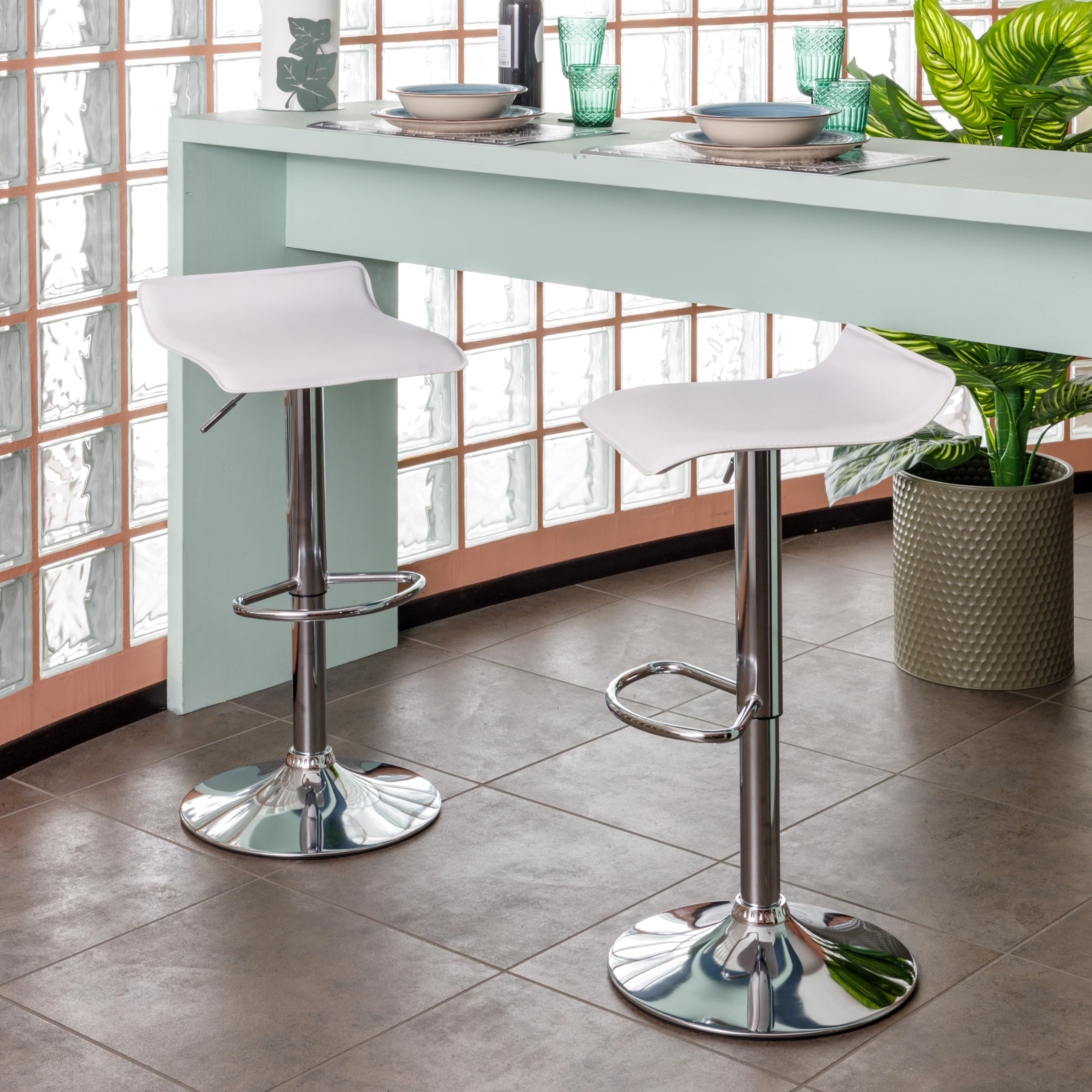 Baroni Home 2 Taburetes de Bar Giratorio con Altura Ajustable, Base Cromada con Reposapiés y Fondo Antiarañazos, Taburete de Cocina y Península, Fácil de Montar, 38x45x59-79 cm, Blanco 2 Piezas