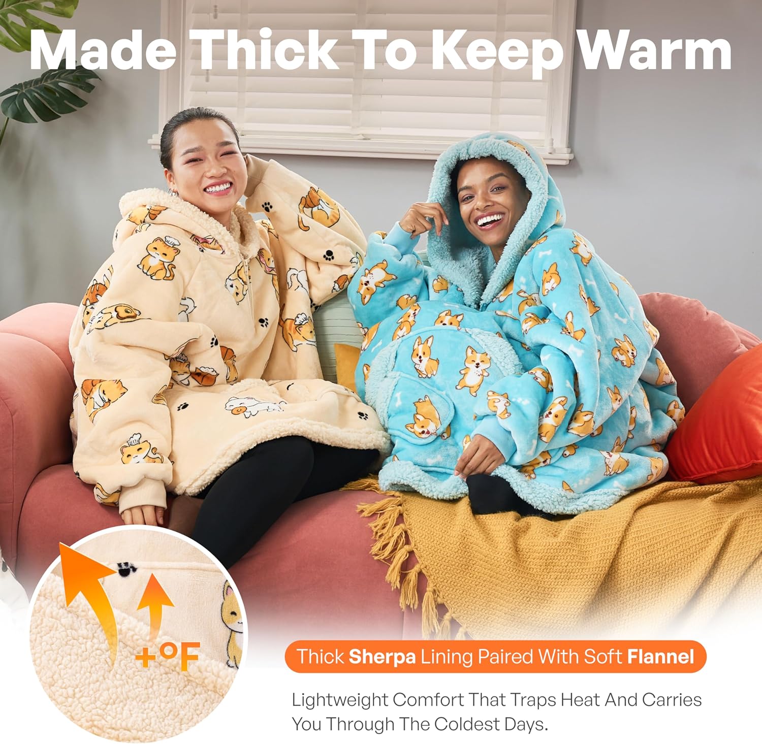 Giggling Getup Wearable Blanket Hoodie for Adults Gifts for Teen Girls Sister Women Sherpa Fleece Printed Hooded Blanket Sweatshirt Warm Cozy with Pocket & Sleeves Beige Cat - Image 2