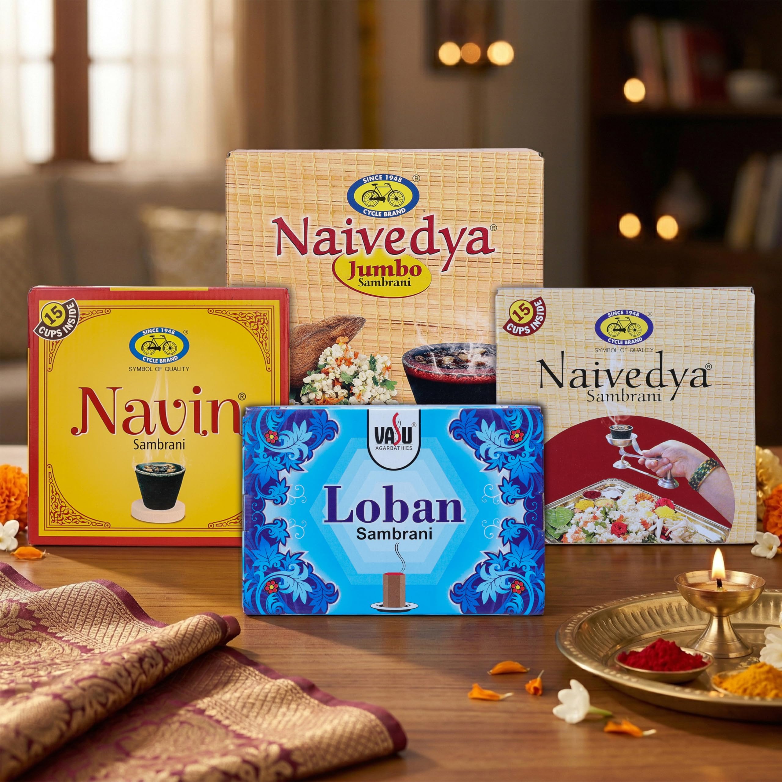 Cycle Pure Combo Pack of Naivedya,Naivedya Jumbo,Navin Sambrani Cup & Vasu Loban/Pack of 4 (103 Nos)/ Natural Guggul Fragrance Dhoop Cups/Havan Cups for Puja