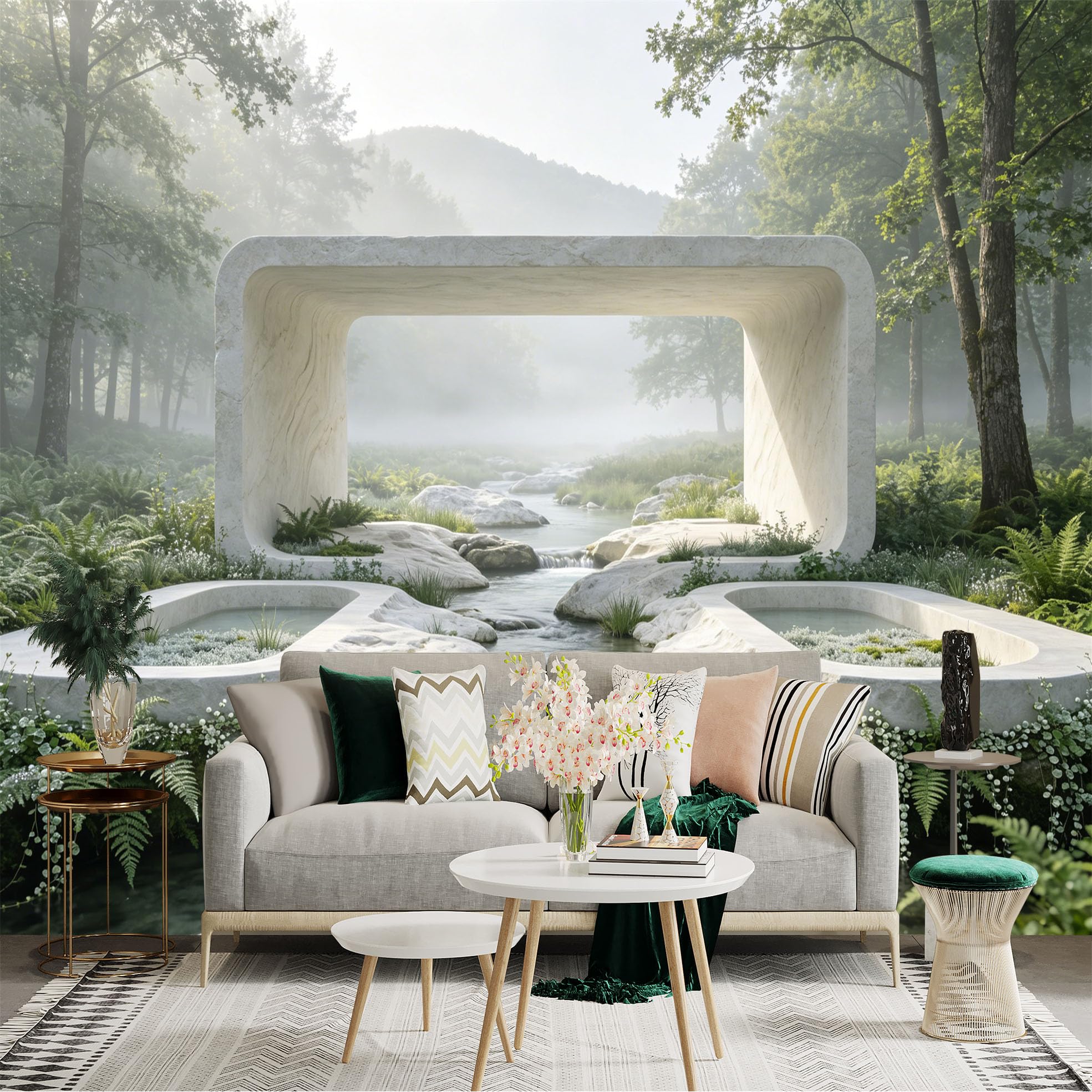 Custom Size Wall Sticker Mural， Modern Stone Archway by Forest Stream with Misty Mountains and Ferns， for wall Decoration， peelandstick wall Decals.