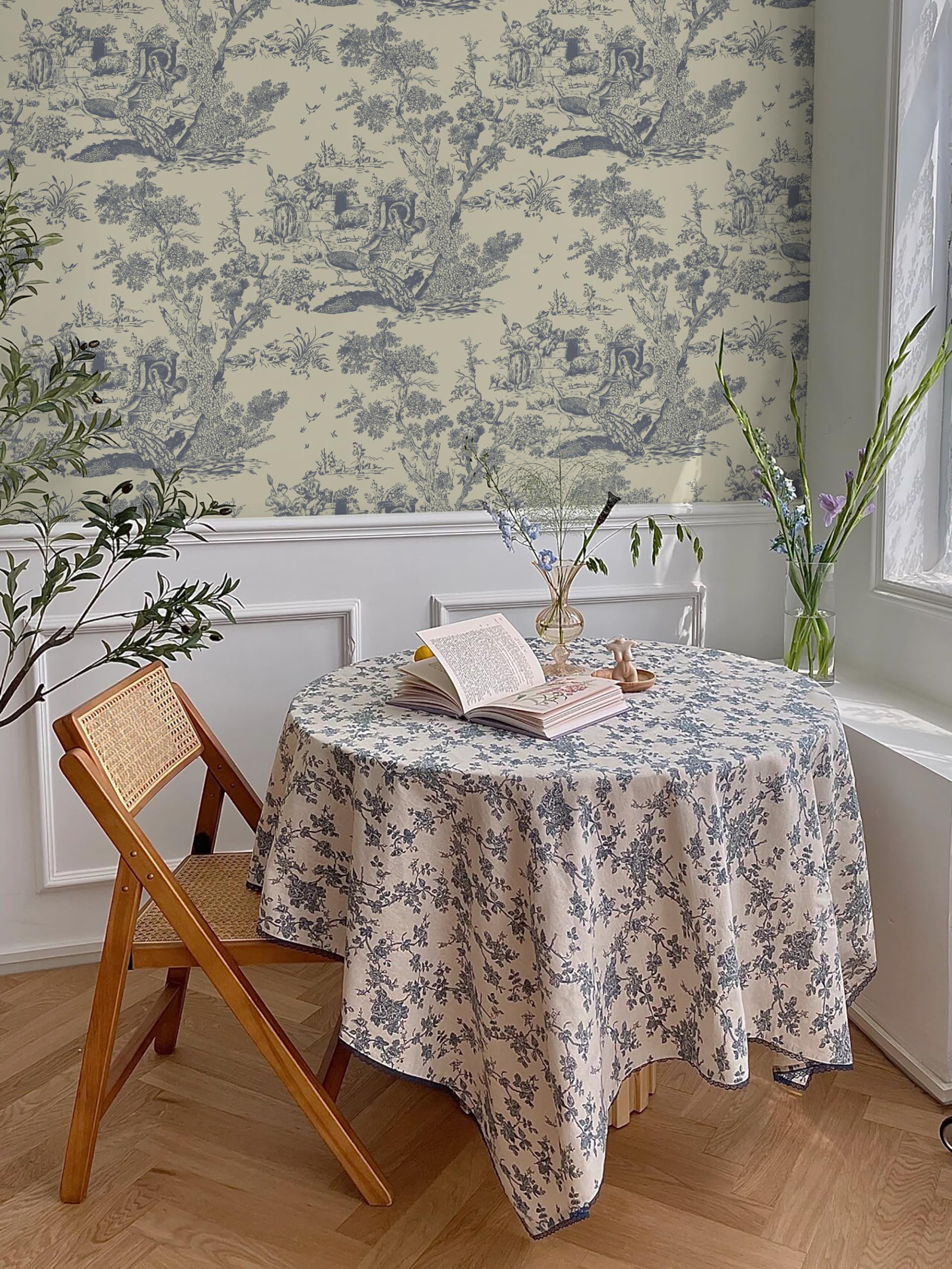 Yomshi Zelfklevend behang, beige, blauw, dierlijk behang, 41 x 300 cm, dikke meubelfolie, vintage plakfolie, bomen en planten, waterdicht vinyl, voor slaapkamer, woonkamer, meubels