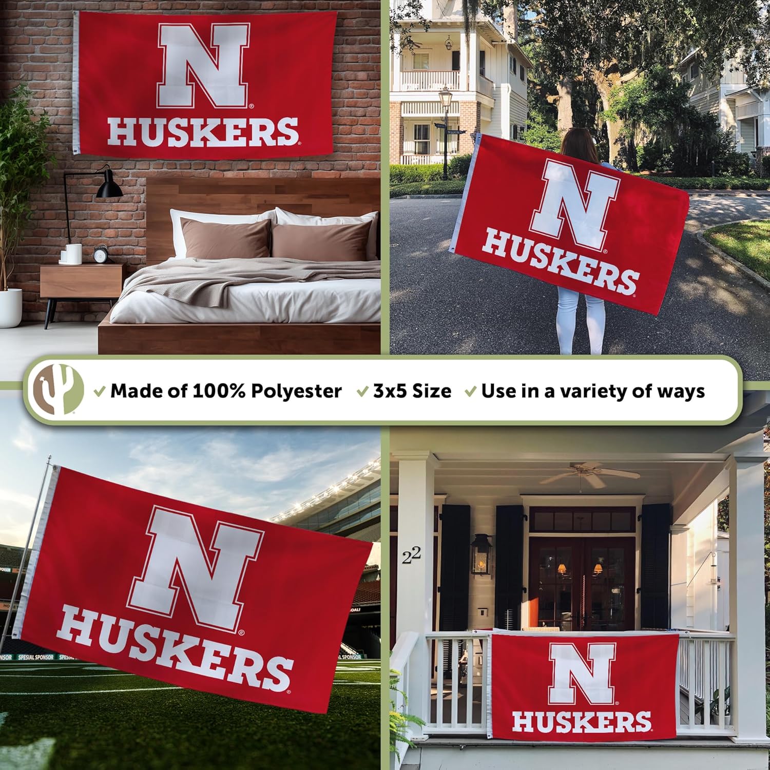 Desert Cactus University of Nebraska UN Flag - 3 x 5 Feet Cornhuskers Banner, Indoor/Outdoor Durable Fabric, 100% Polyester Design (Style A) - Image 3