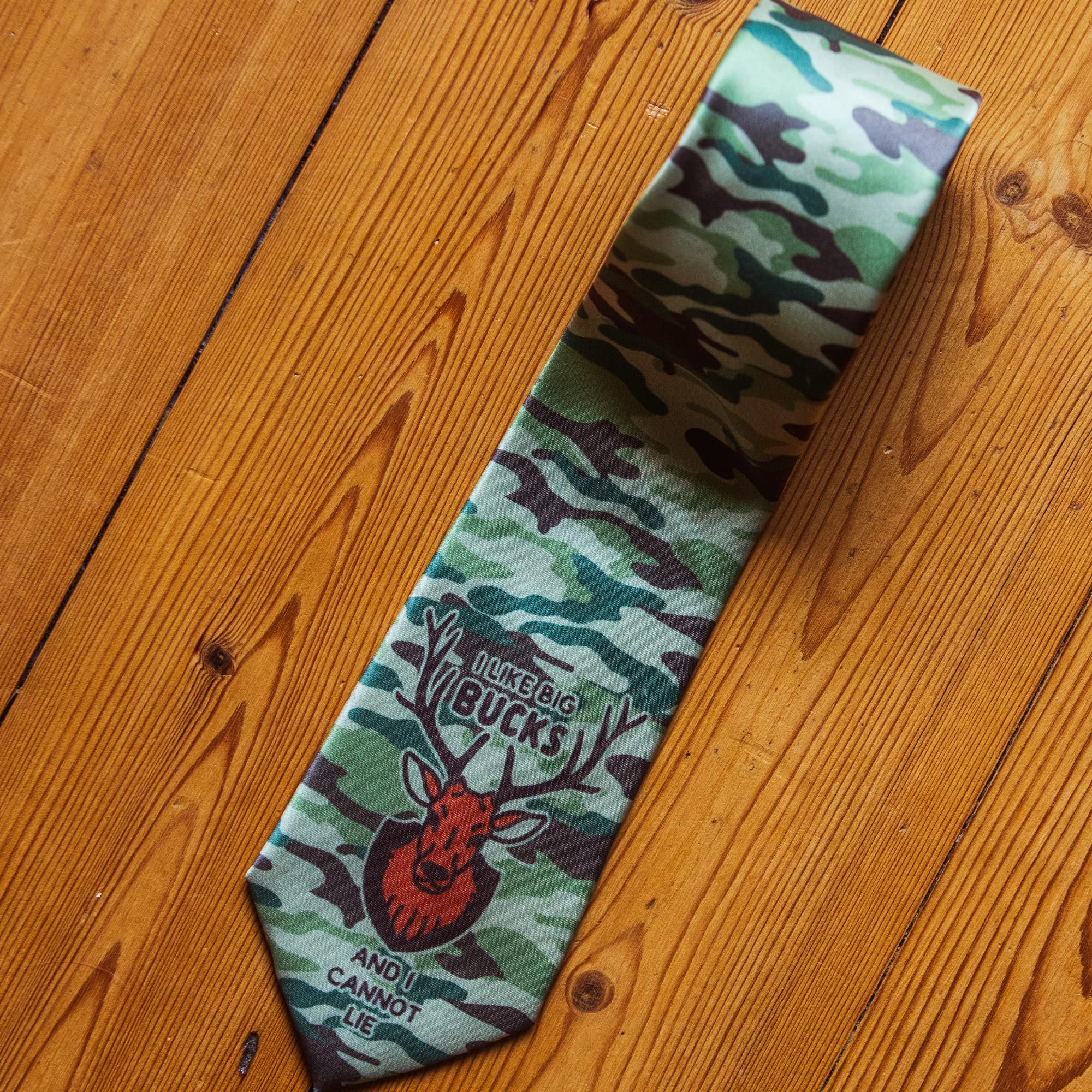 Crazy Dog T-Shirts Funny Hunting Tie for Men – Camo Novelty Necktie with I Like Big Bucks and I Cannot Lie Print – Gag Gift for Hunters Fathers Day Office Party Outdoorsman Accessory