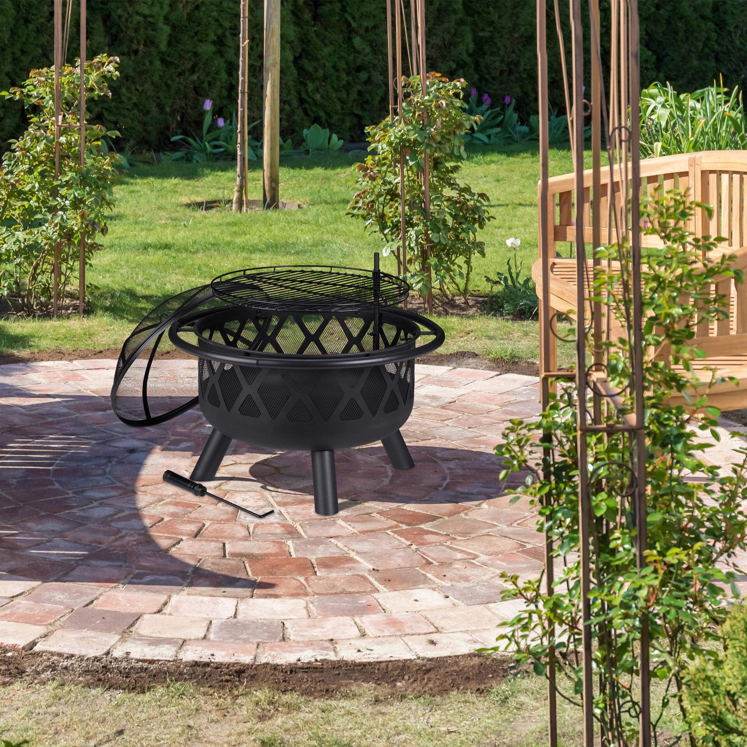 Relaxdays Brasero Exterior con Parrilla, Protector Antichispas y Atizador, Estufa Jardín y Terraza, 75 cm, Acero, Negro