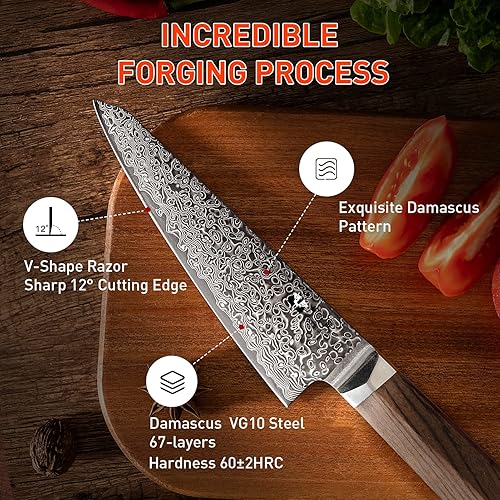 Vista 8 de Santoku - Cuchillo de cocina profesional VG-10 de 7 pulgadas con núcleo de corte de 67 capas, cuchillo de chef con mango hexagonal de madera natural