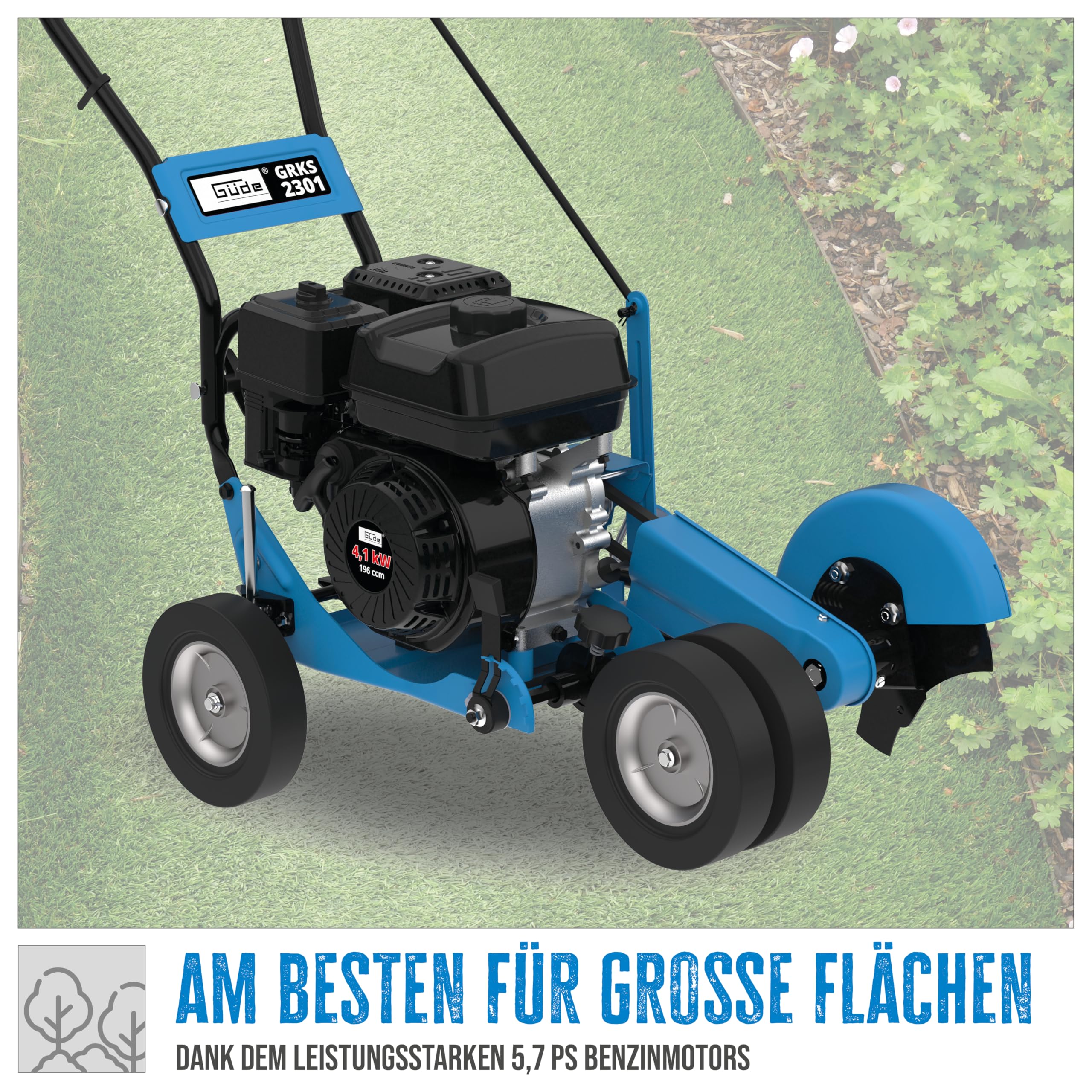Güde 95316 Rasenkantenschneider GRKS 2301 (4-Takt Motor, Motorleistung: 4,1/5,6 (kW/PS), Hubraum: 196 cm³, Messer-Ø: 228 mm, 7-fache Schnitthöheneinstellung: 0 bis -76 mm, inkl. 3-Zahn Messerblatt)