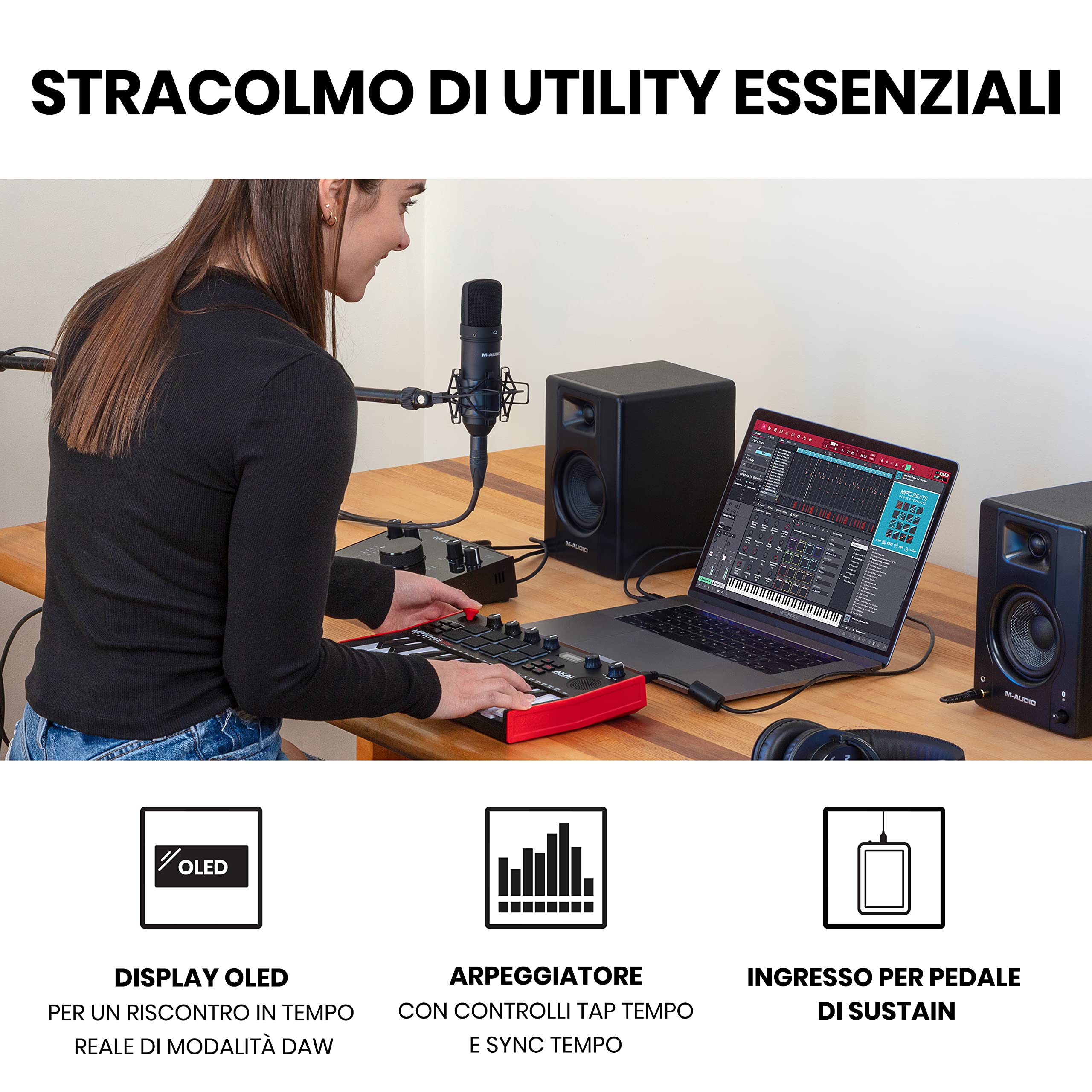 AKAI Professional MPK Mini Play MK3 + M-Audio HDH40 – Tastiera MIDI Controller USB con Casse e Suoni, Tastiera Dinamica, Pad MPC e Software + Cuffie Over Ear Chiuse da Studio con Cavo da 2,7 m