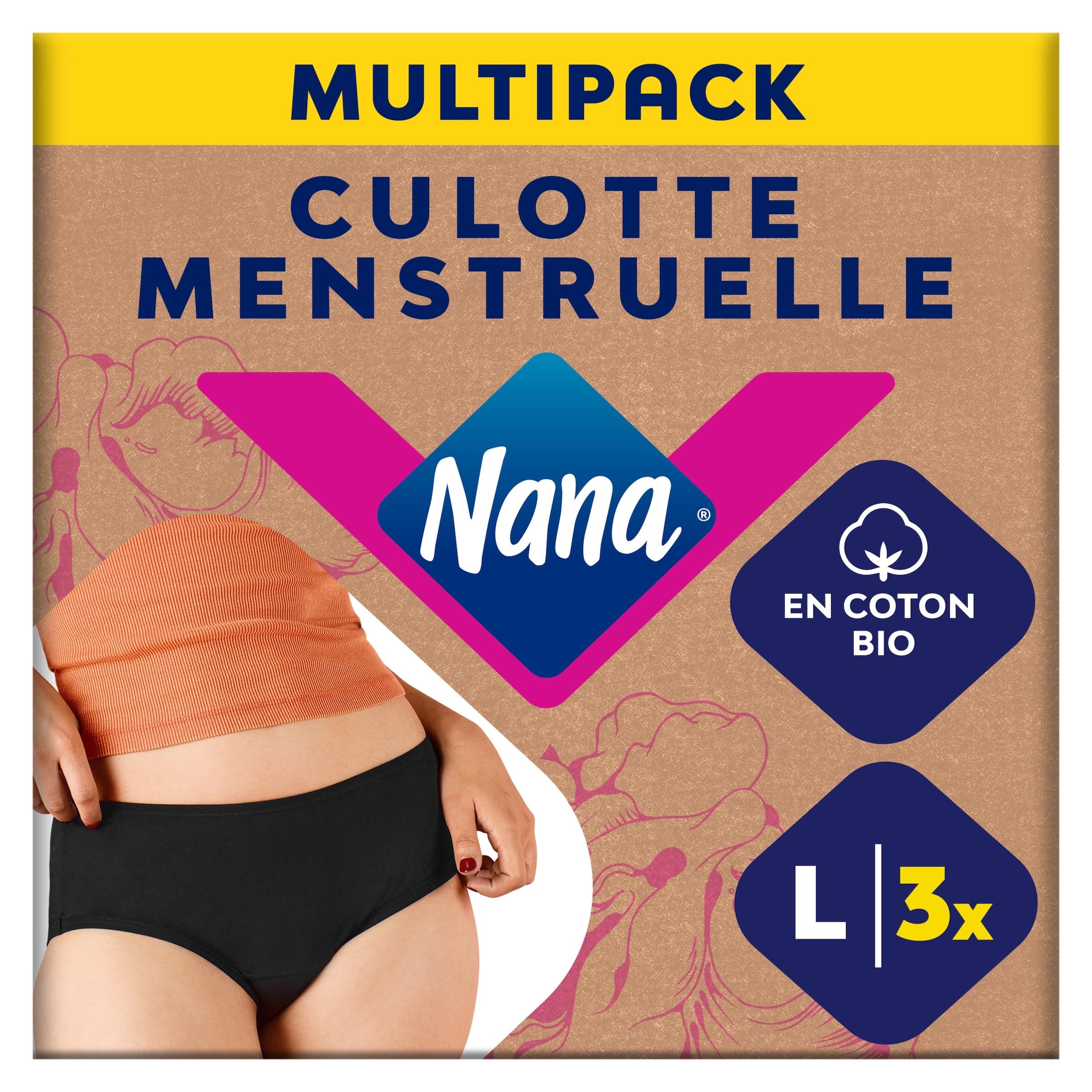 Nana Culotte Menstruelle Lavable Coton Bio - Flux Abondant - Noir - Coupe Hipster - L x3