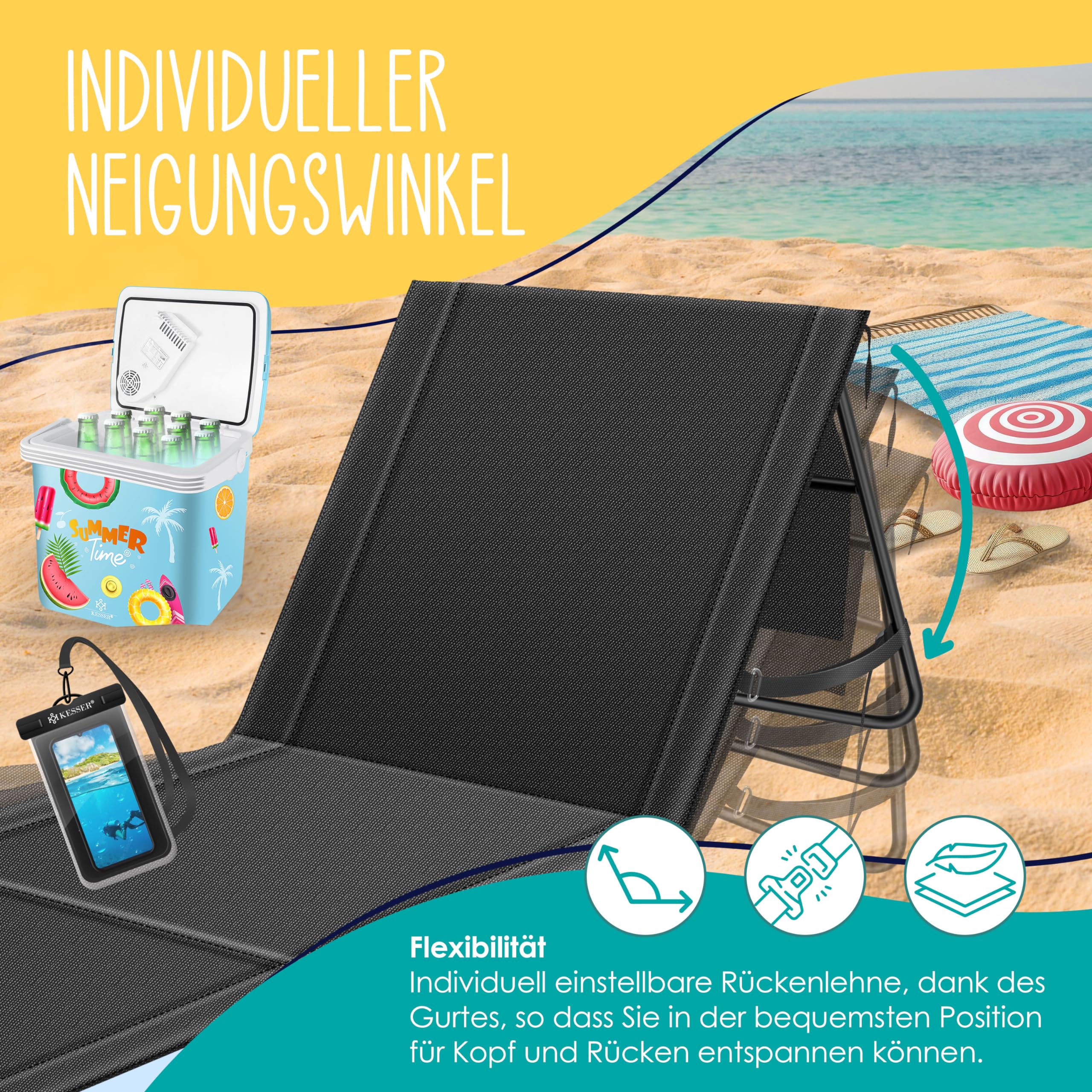 KESSER® Set di 2 materassini da spiaggia pieghevoli con schienale regolabile, tracolla e borsa, portata massima 130 kg – Lettino prendisole per spiaggia, giardino e terrazza