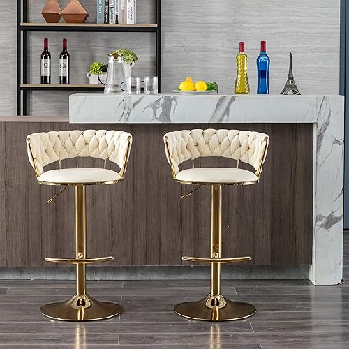 Miniatura 23 de Juego de 2 taburetes de bar tejidos de terciopelo, taburetes de cocina de altura ajustable, silla de isla, sillas de bar giratorias de 360°, chasis