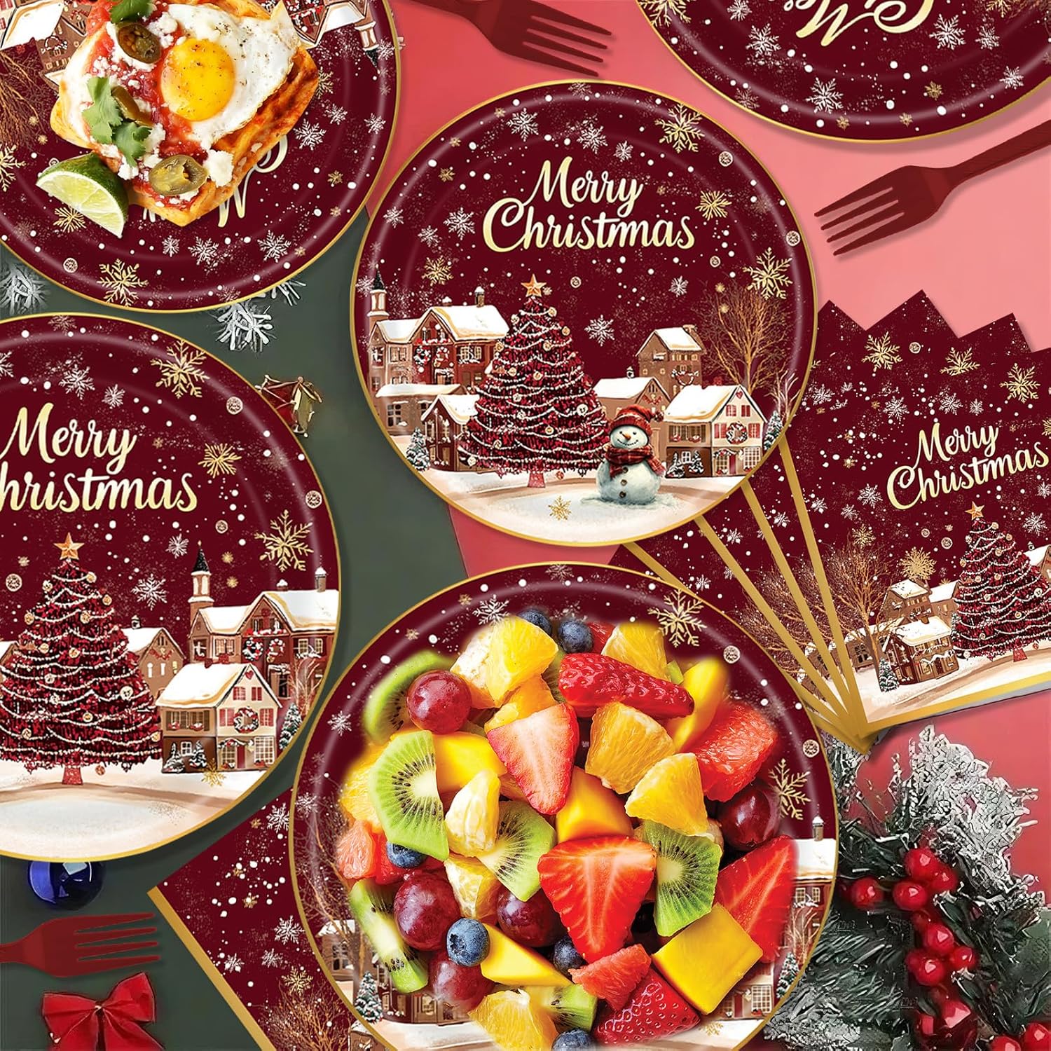 200 Pcs Christmas Paper Plates and Napkins Sets Christmas Tree Snowflake & Snowman Disposable Tableware Party Supplies for Xmas Holiday Winter Party Decorations, Serves 50