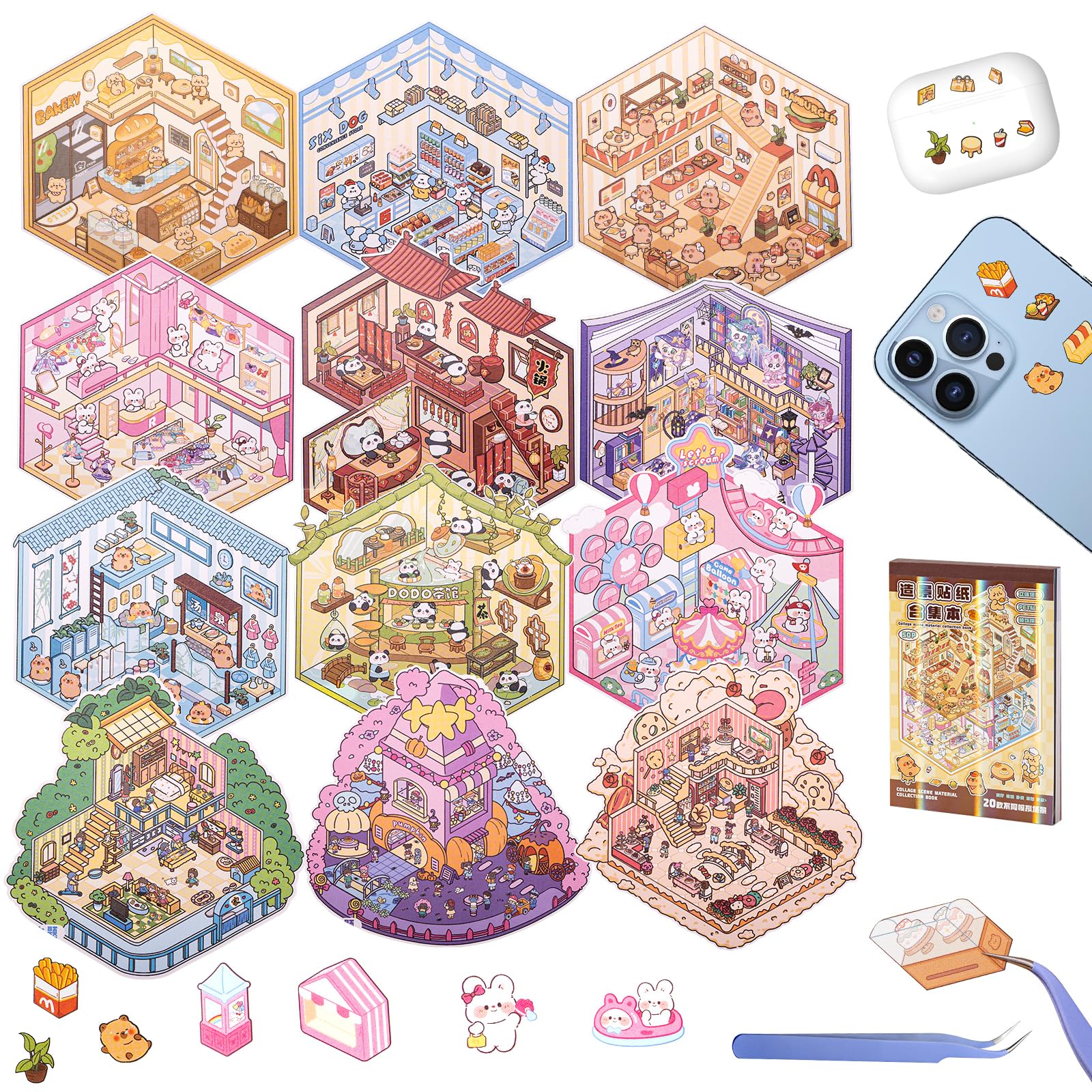 Buyank 20 Sets 3D House Stickers with Metal Tweezers | DIY Miniature House Scenes Kit for Adults, Cute 3D Cartoon Scene Stickers | Therapy Craft,