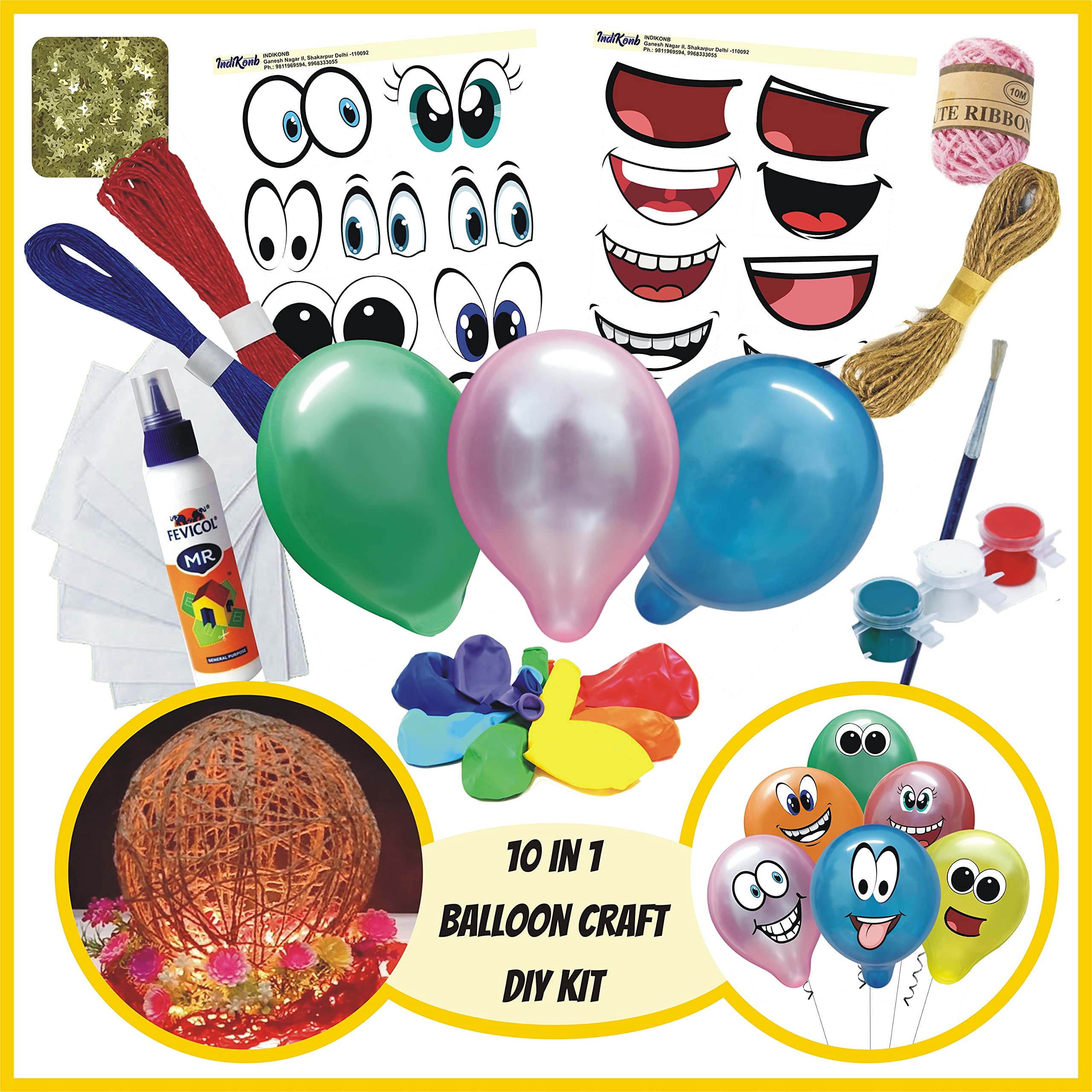 INDIKONB 10 in 1 DIY Balloon Art and Craft Lantern Yarn Orb and Emoji Crafts Kit Materials for Unisex for all ages 8-10 , age 9-12 , age 12-16 old ( Pack Includes Balloons , Paper Thread , Jute Rope