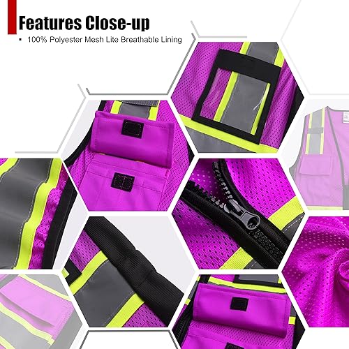 Vista 46 de Chaleco de seguridad para mujer, chaleco de alta visibilidad con 8 bolsillos y cremallera frontal, chaleco reflectante de malla que cumple