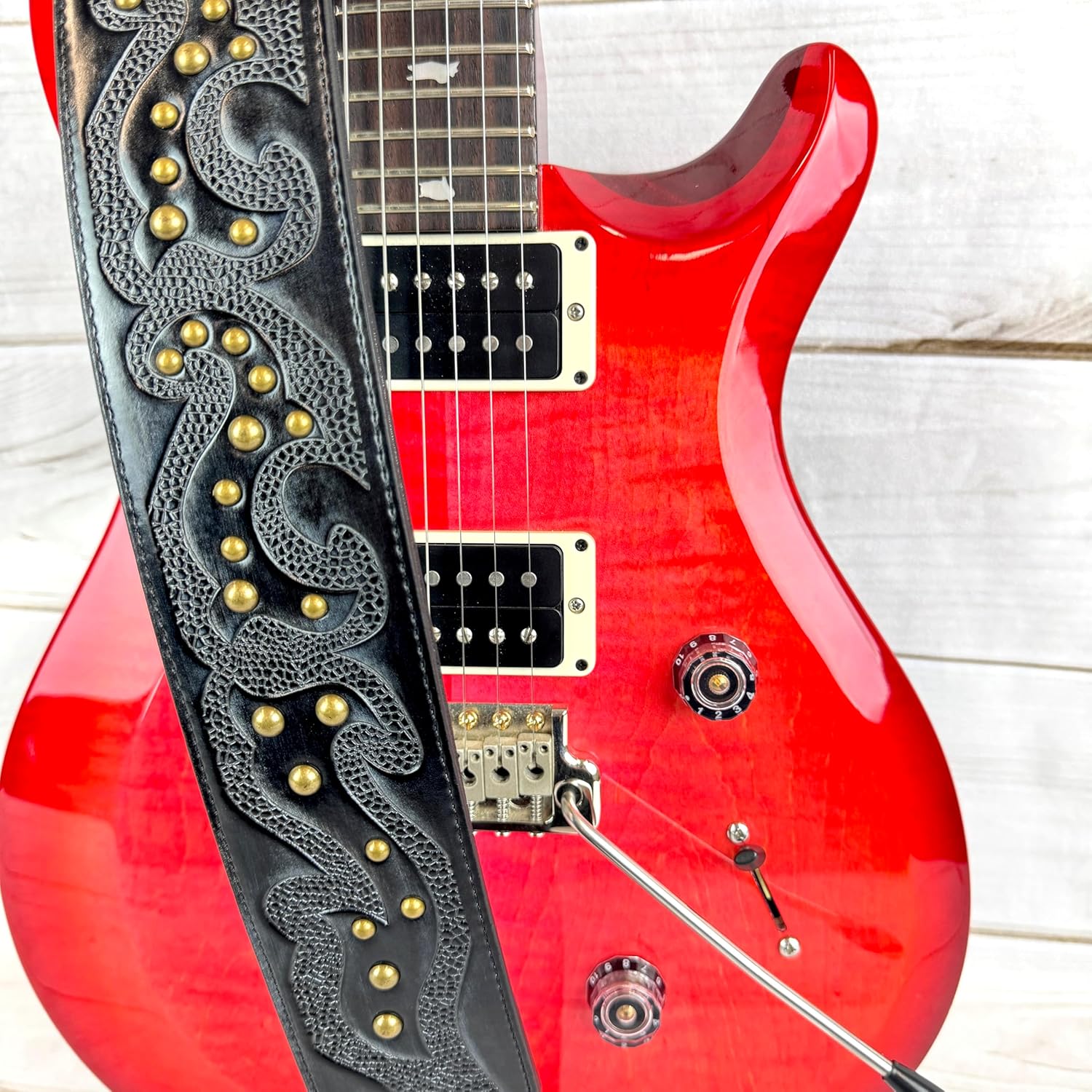Walker & Williams GE-217 Midnight Blue Handmade Padded Leather Guitar Strap with Celtic Tooling and Brass Studs For Electric, Acoustic, And Bass Guitars
