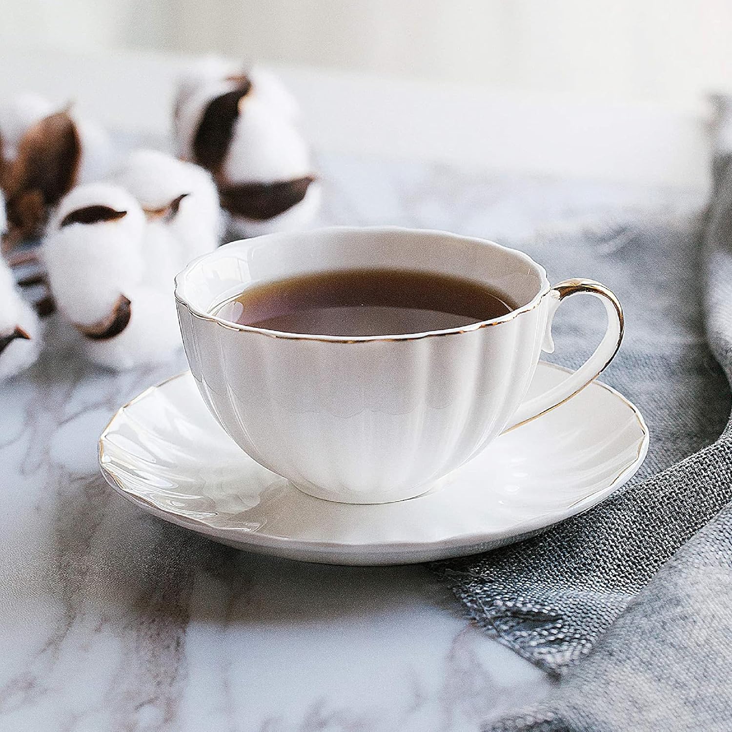 BTaT- Classic tea set, 13 pcs, Tea Cups (7oz), Tea Pot with Stainless Steel Infuser (32oz), Creamer and Sugar Set, Porcelain Tea Set, White Tea Set, Tea Pot Sets with Cups - Image 7