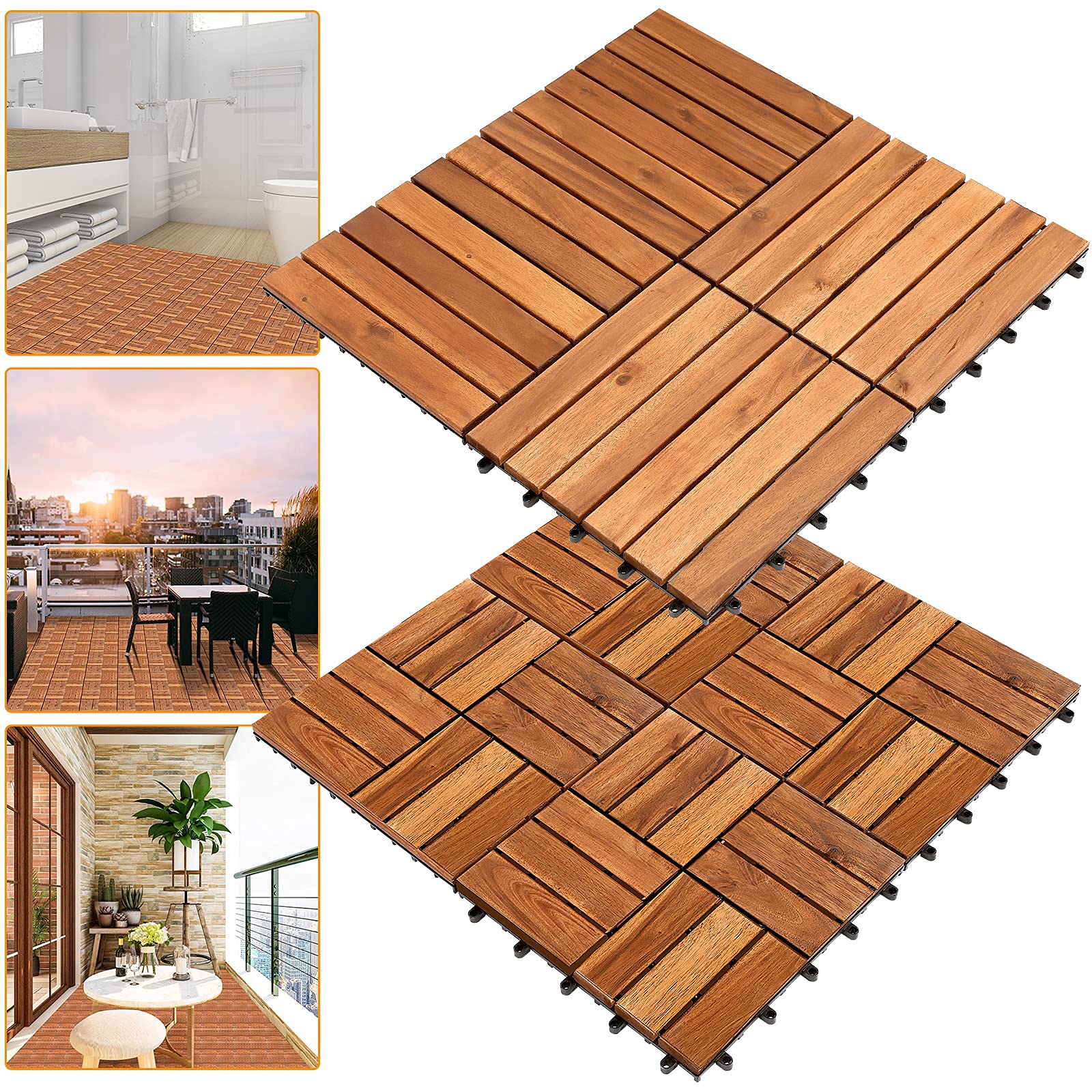 Einfeben - Piastrelle in legno di acacia, 30 x 30 cm, da 6 assi ciascuna, 3 m², per terrazze e balconi (33 pezzi)
