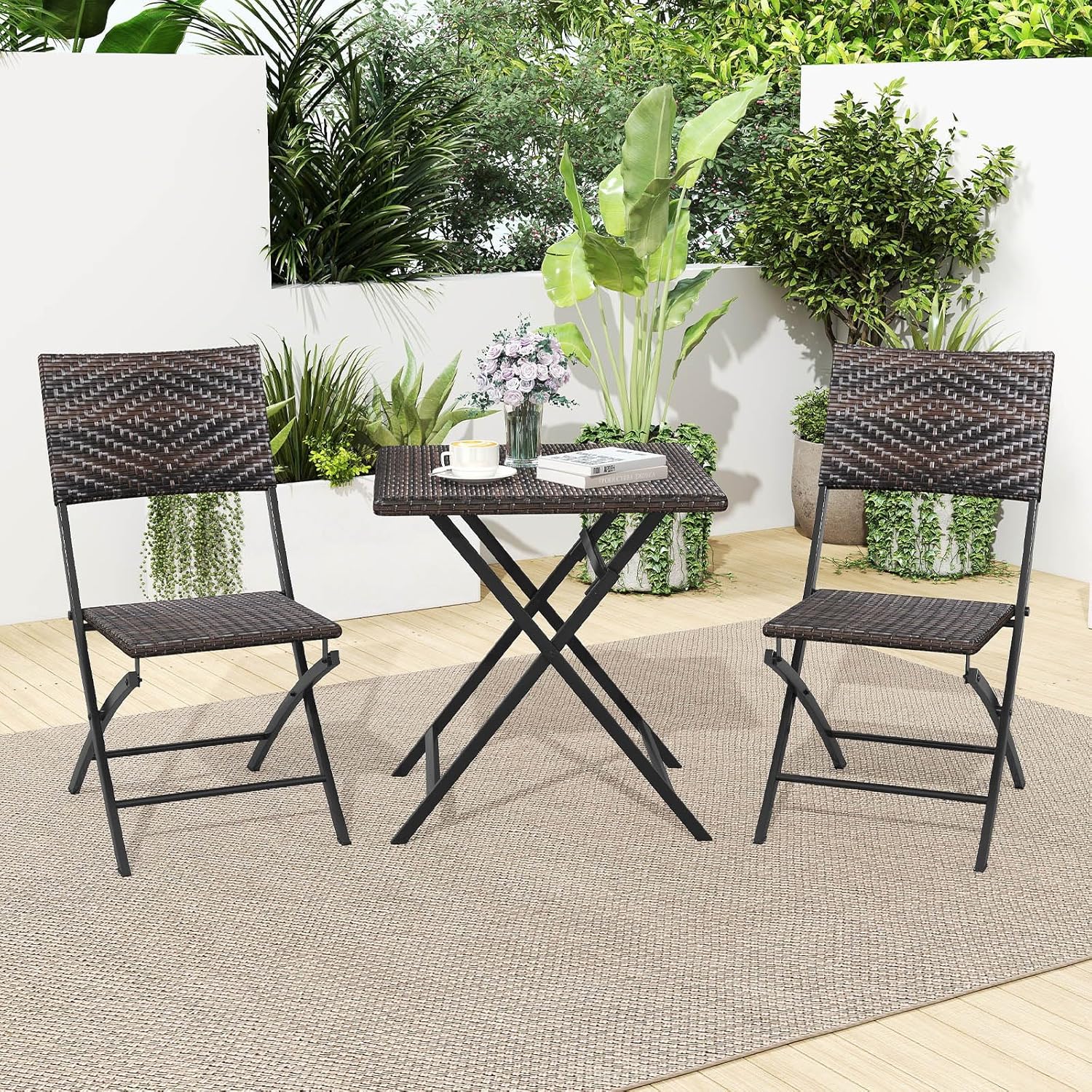 Tangkula 3 Piece Outdoor Folding Bistro Set, Patio Portable Foldable Dining Table and Wicker Chairs with Metal Frame, for Backyard, Garden, Balcony (Mix Brown)