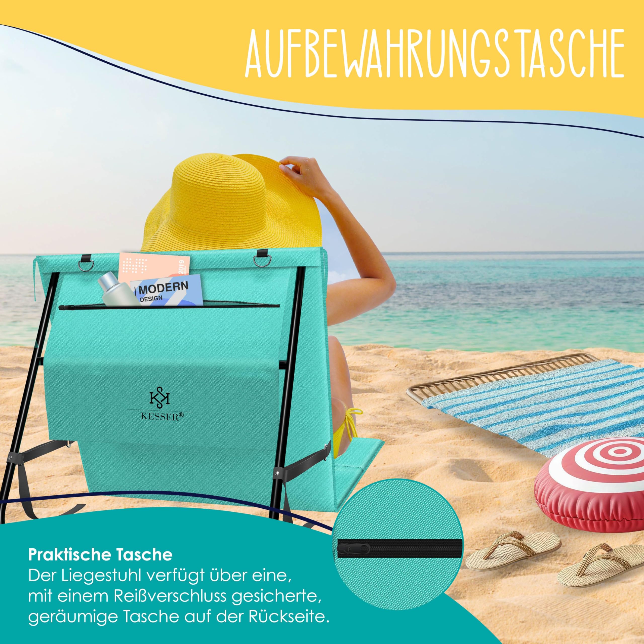 KESSER Juego de 2 esterillas de playa plegables con respaldo ajustable, correa de transporte, bolsa impermeable y almacenamiento, tumbona plegable para playa, jardín y terraza, soporta 130 kg cada uno