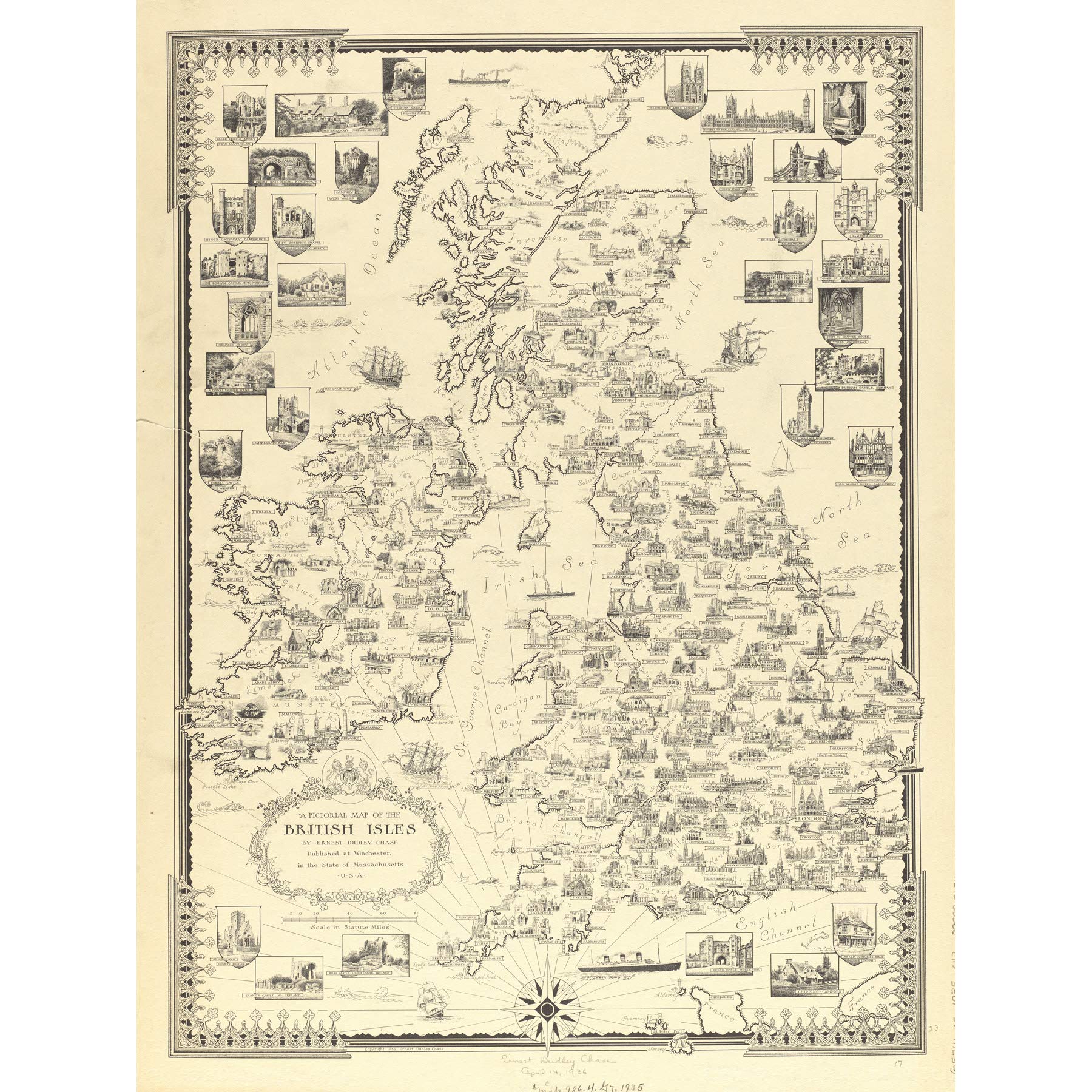 Chase 1935 Pictorial Map British Isles Buildings Large Wall Art Print Canvas Premium Mural