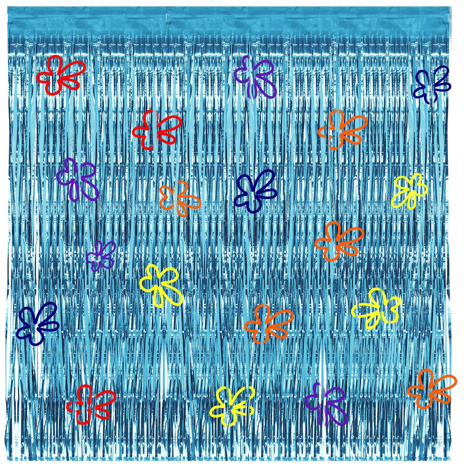 2 Pcs Cartoon Sponge Theme Party Decorations Sponge 25th Birthday Decorations Undersea Blue Tinsel Foil Fringe Curtain Backdrop and Bikini Flowers