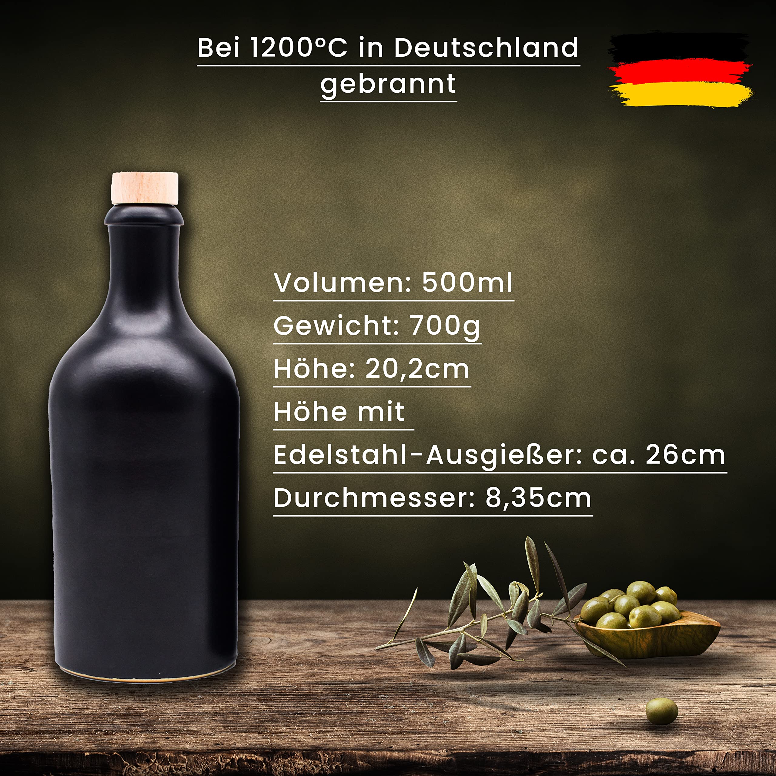 Ölflaschen-Set aus Keramik - mit Edelstahl-Ausgießer und Holzkorken wasserfeste Etiketten - 500ml - ideal zum Verschenken - Made in Germany (4er Set)