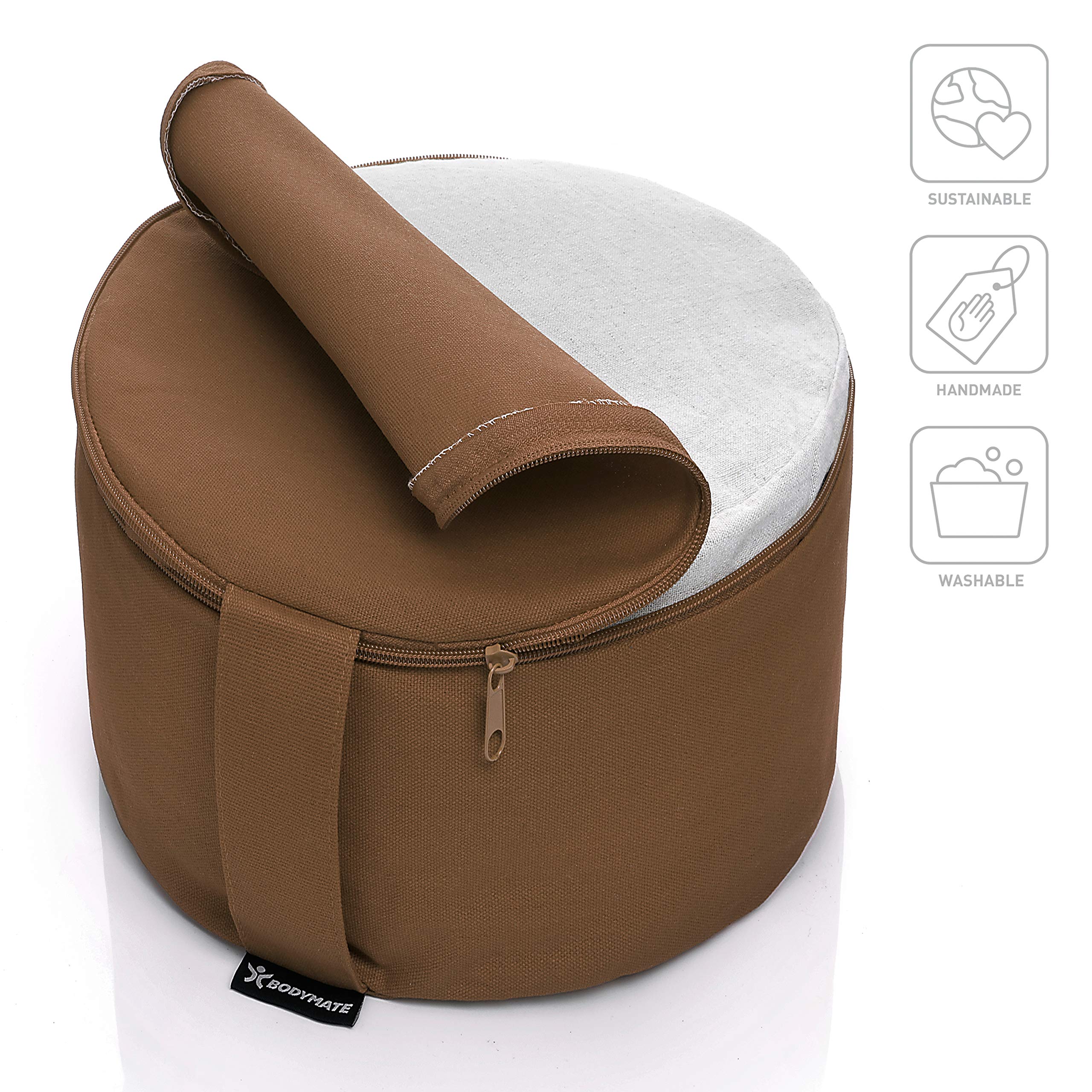 BODYMATE Extra hoog Yogakussen rond 31 cm diameter 20 cm hoog met vulling van boekweitschillen – In de wasmachine wasbare hoes van 100% extra dikke katoen - Meditatiekussen - Zitkussen