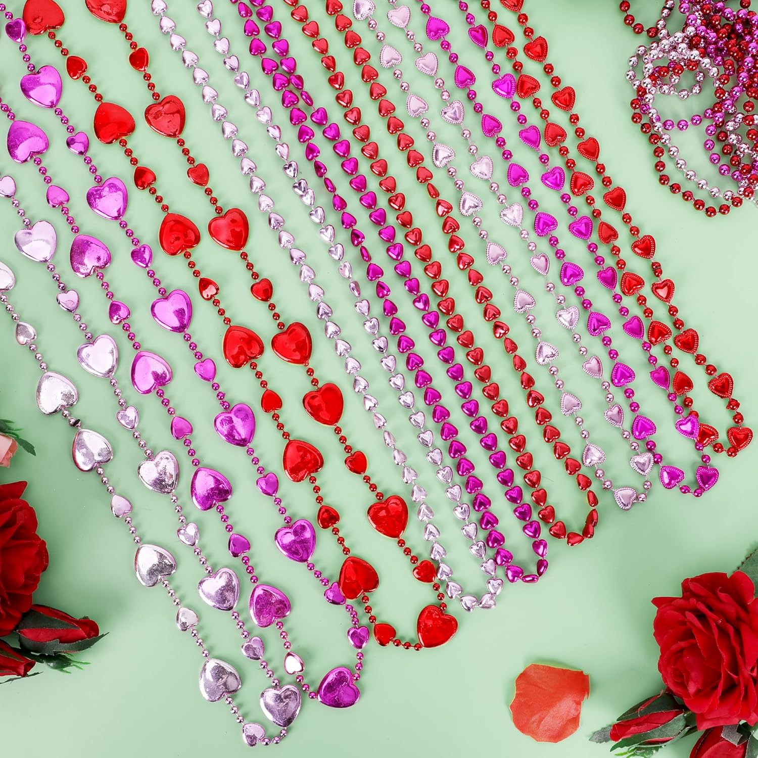 24PCS Valentines Day Necklace, Red Pink Heart Valentine's Necklace Decorations, 12 Kinds Red Heart Bead Necklace Bulk, Romantic Valentine's Day Classroom Gifts Wedding Accessories for Party Favors