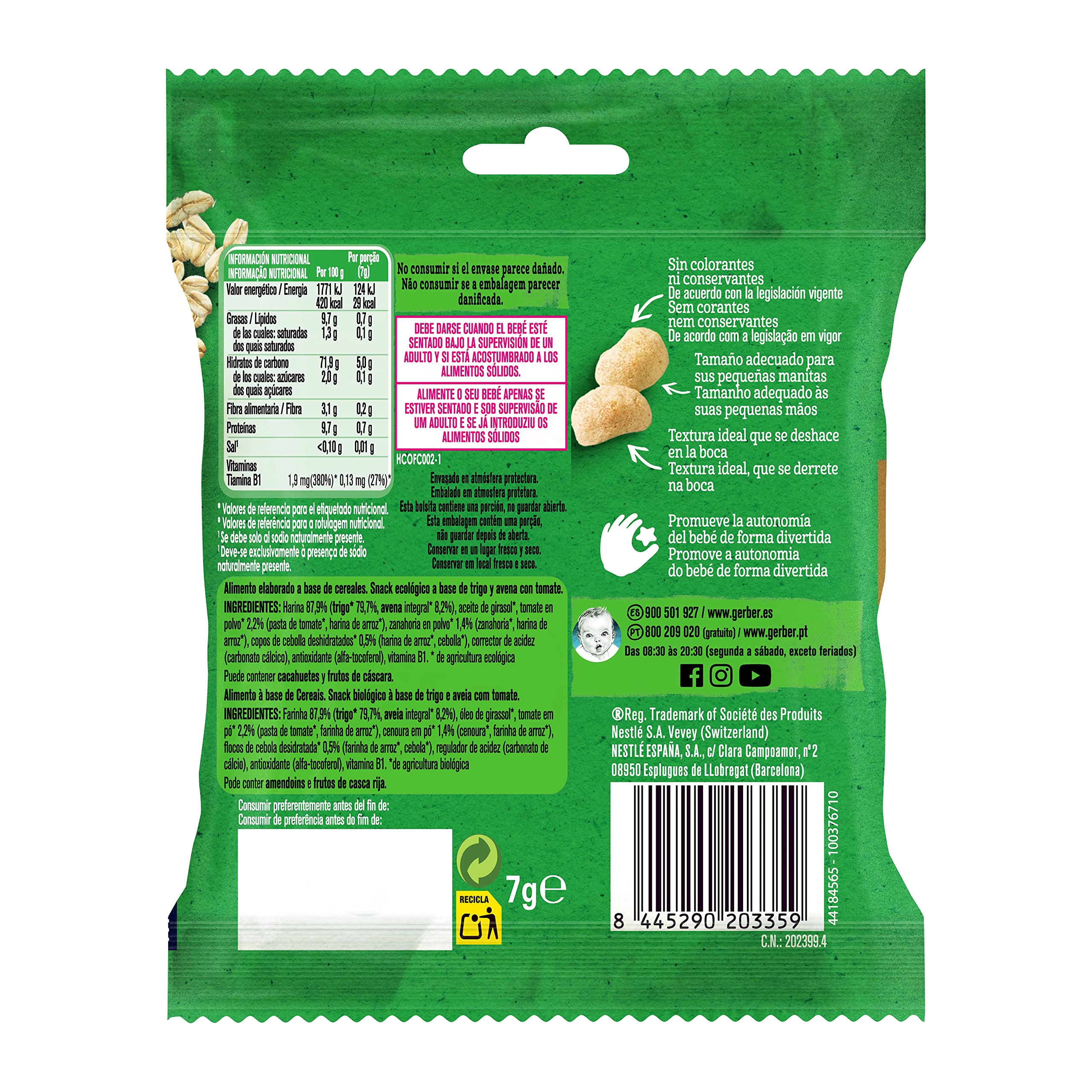 GERBER Organic Puffs Tomate Snack de Cereales para Bebés Bolsita 10x7g
