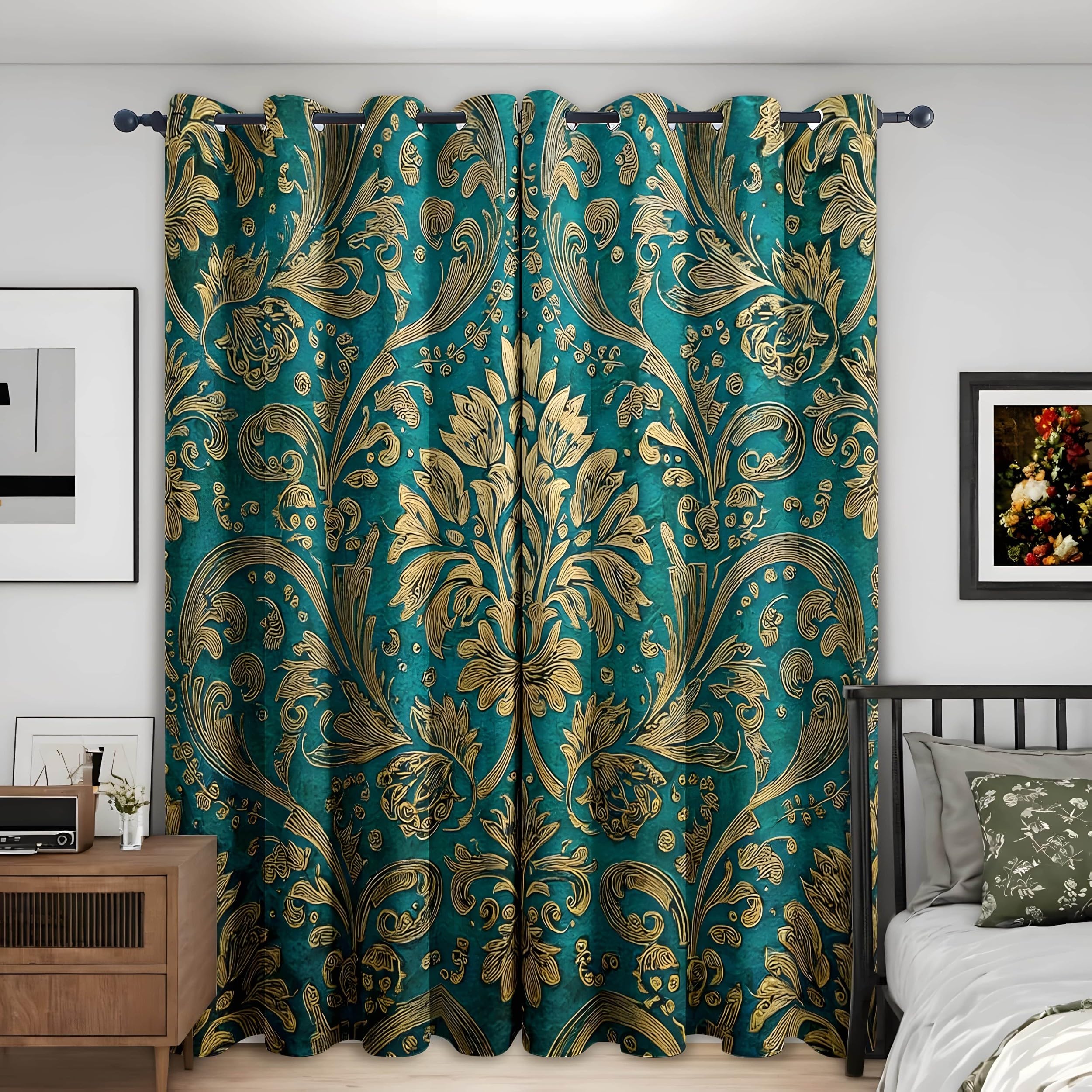 YZQGLHP Gold Jacquard Curtains, W 46" x L 54" (117 x 137 cm), Teal Blackout and Heat-Insulating Curtains, Curtain 2 Pieces in a Pack, Suitable for Bedrooms and Living Rooms
