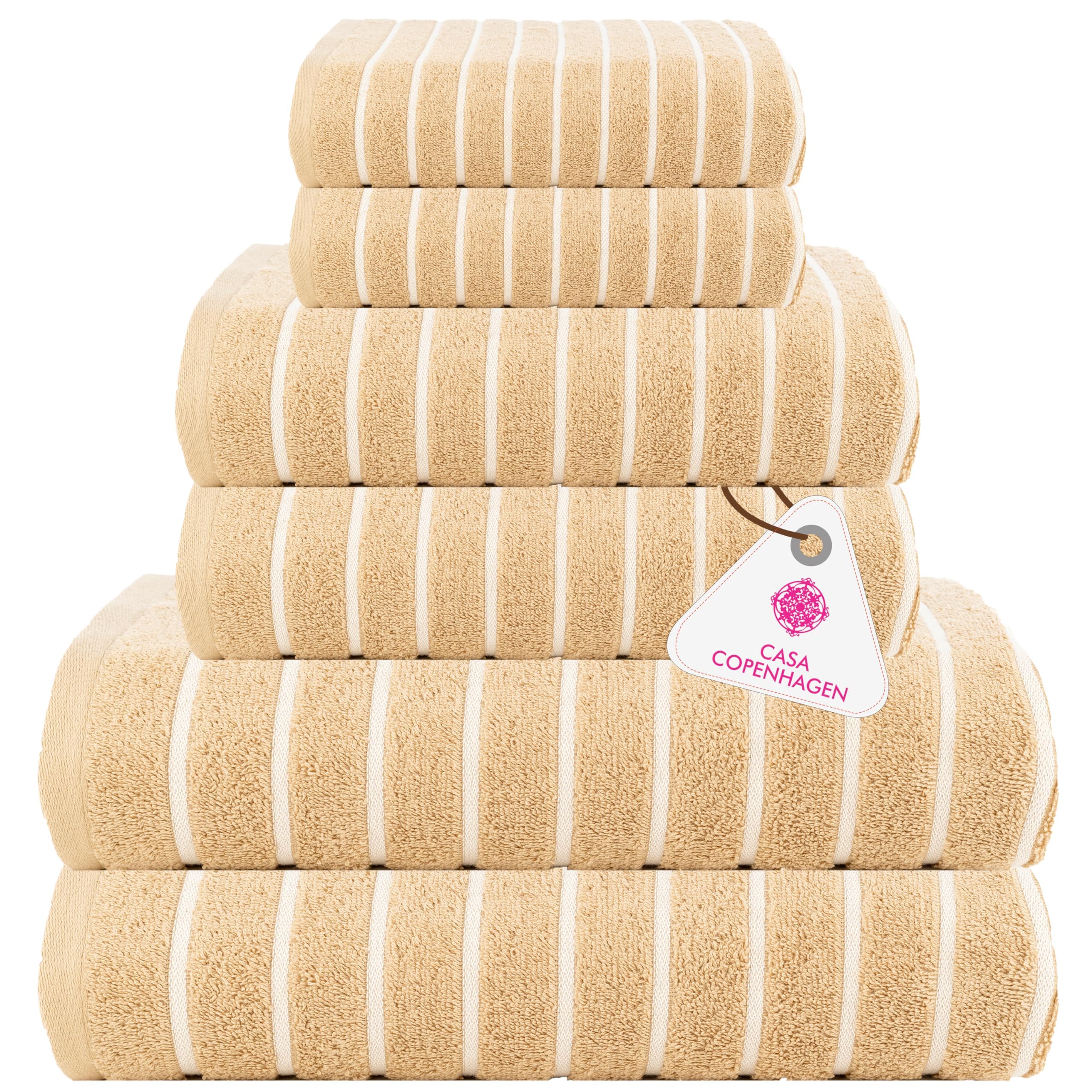 CASA COPENHAGEN Ecstatic 6-piece towel set – Beige, 600 gsm, 2 bath towels, 2 hand towels, 2 washcloths, soft Egyptian cotton, for bathroom, kitchen and shower